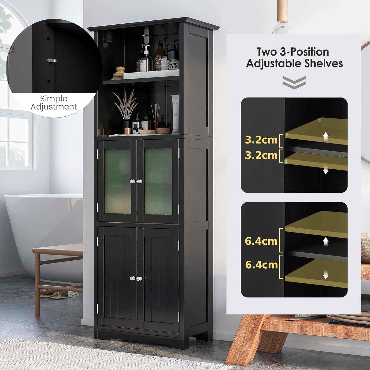 Tall Storage Cabinet Glass Door Shelf Unit Black