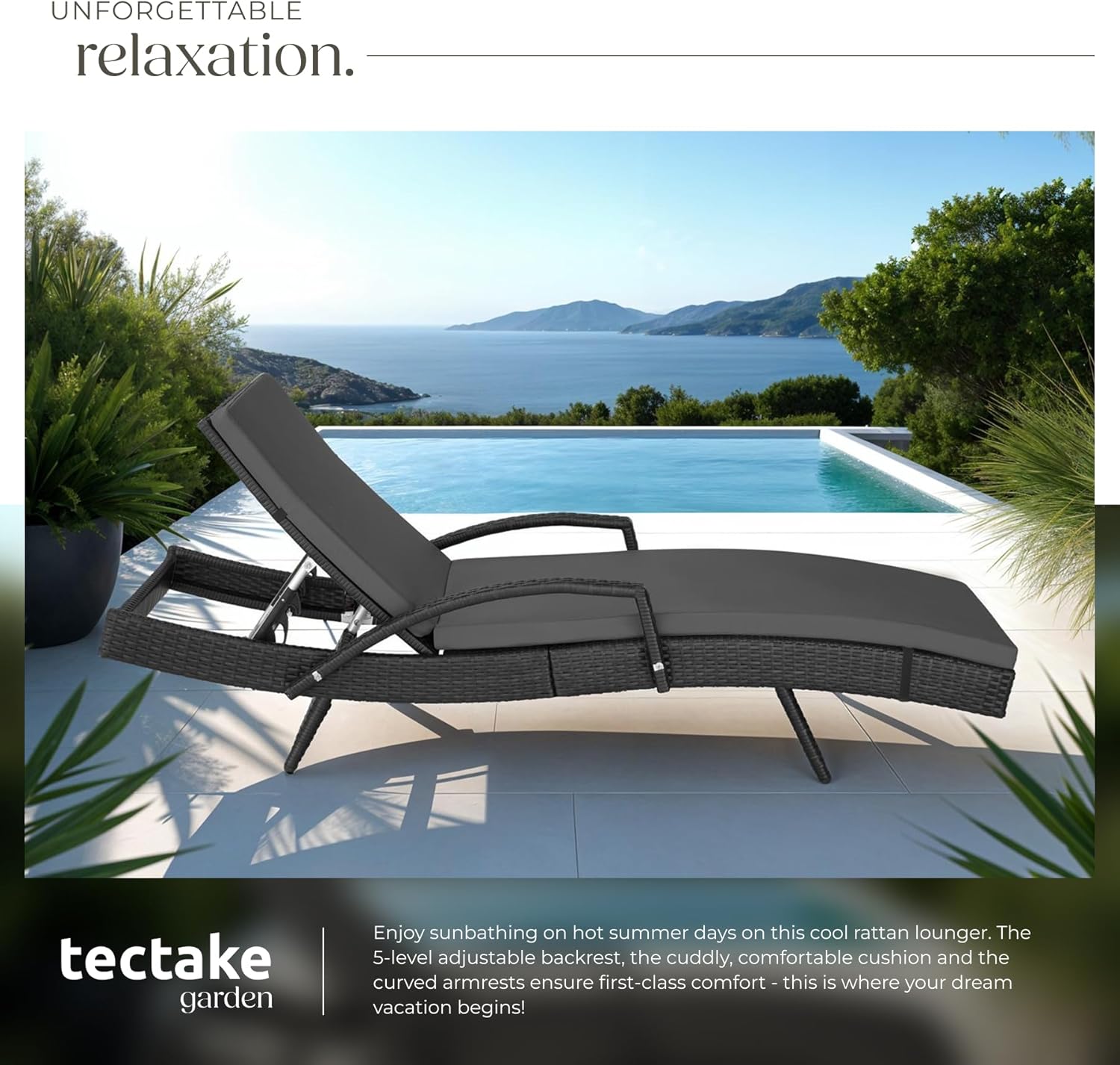 Rattan Sun Lounger 5 Position Recliner Cushion Black