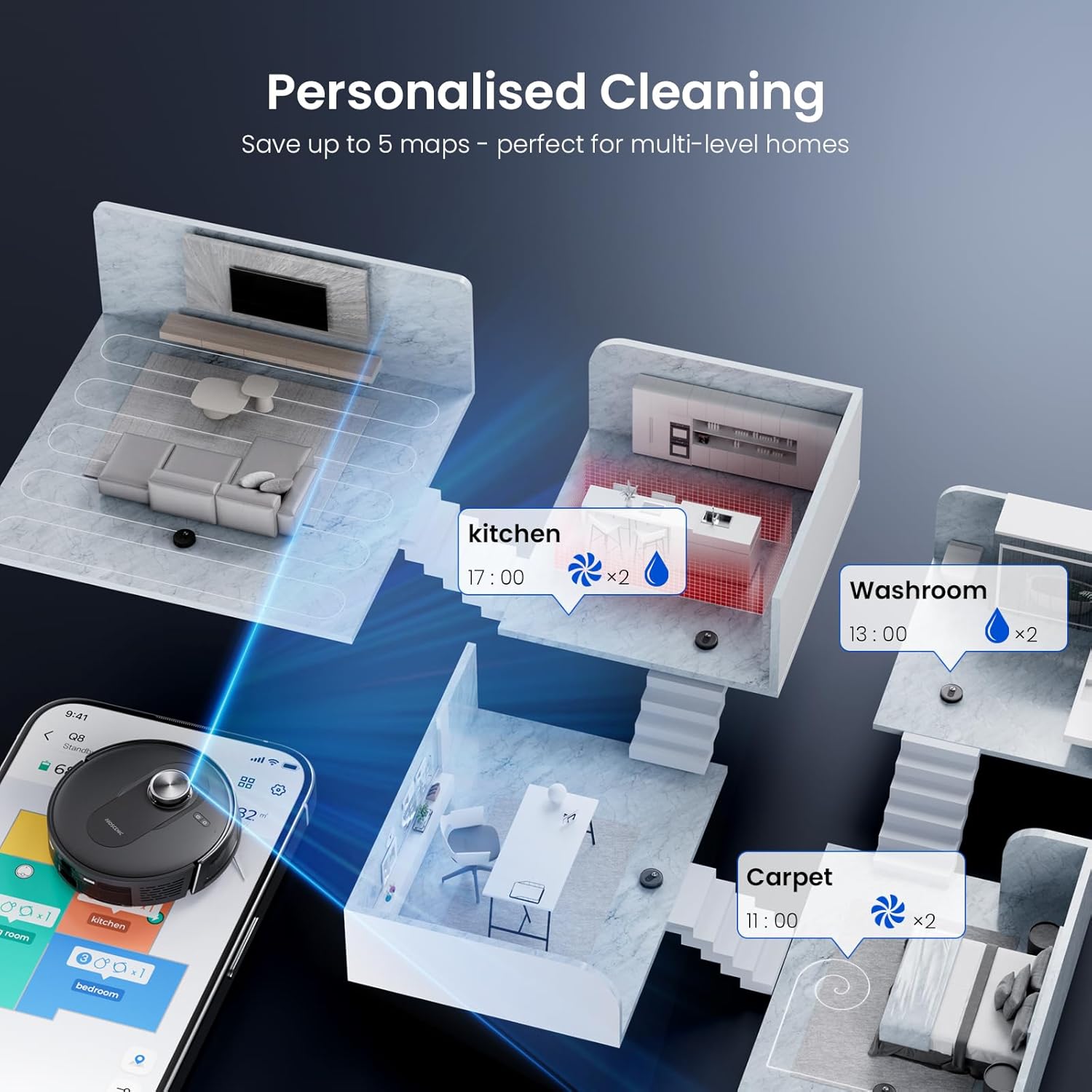 Robot Vacuum Mop 8000Pa LiDAR Mapping WiFi App 200Min Pet Hair