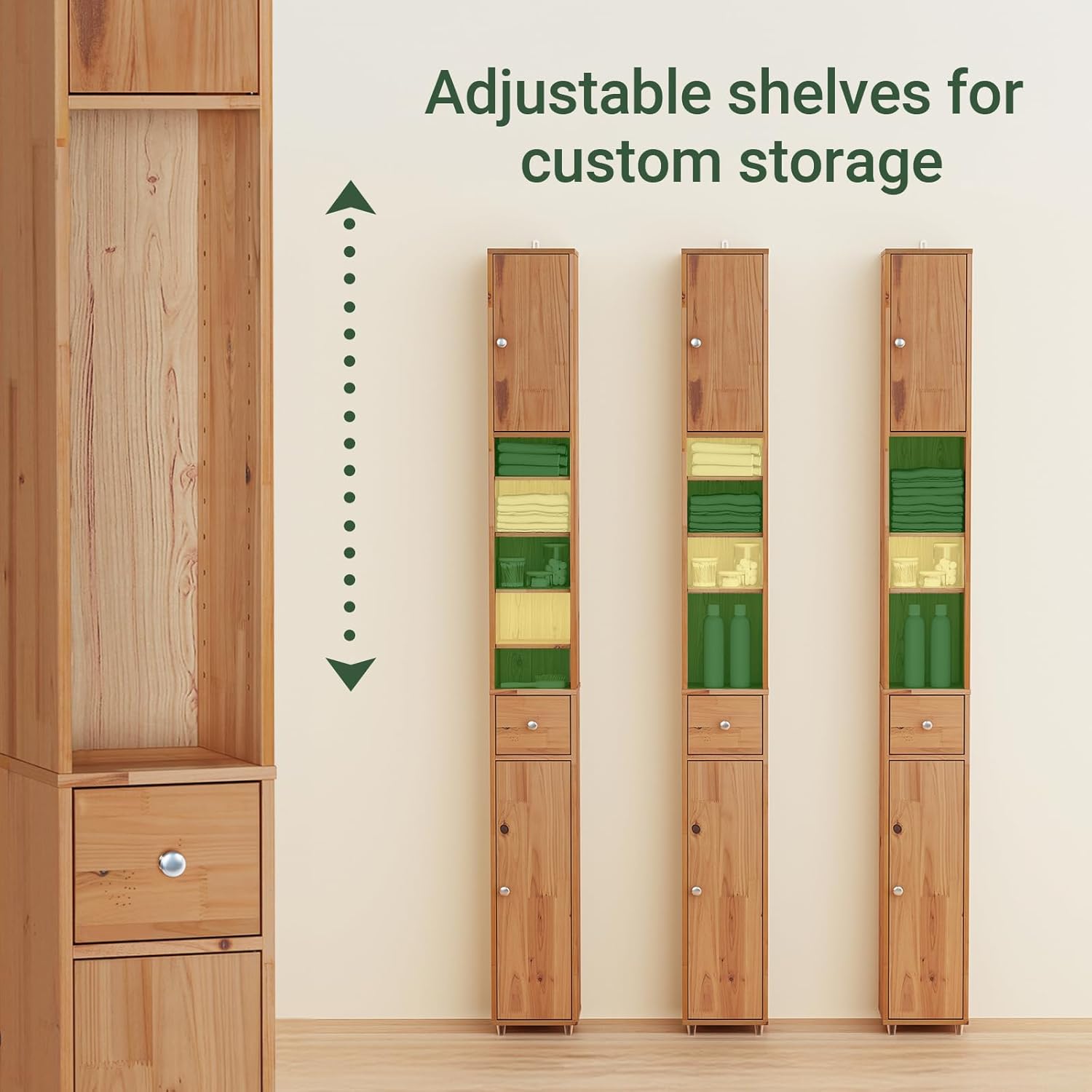 Slim Tall Solid Wood Bathroom Cabinet Drawer 180cm Natural