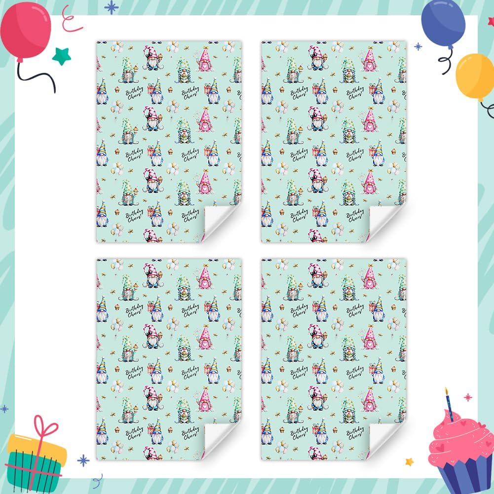 Birthday Gnome Wrapping Paper 4 Sheets Gift Wrap Kids