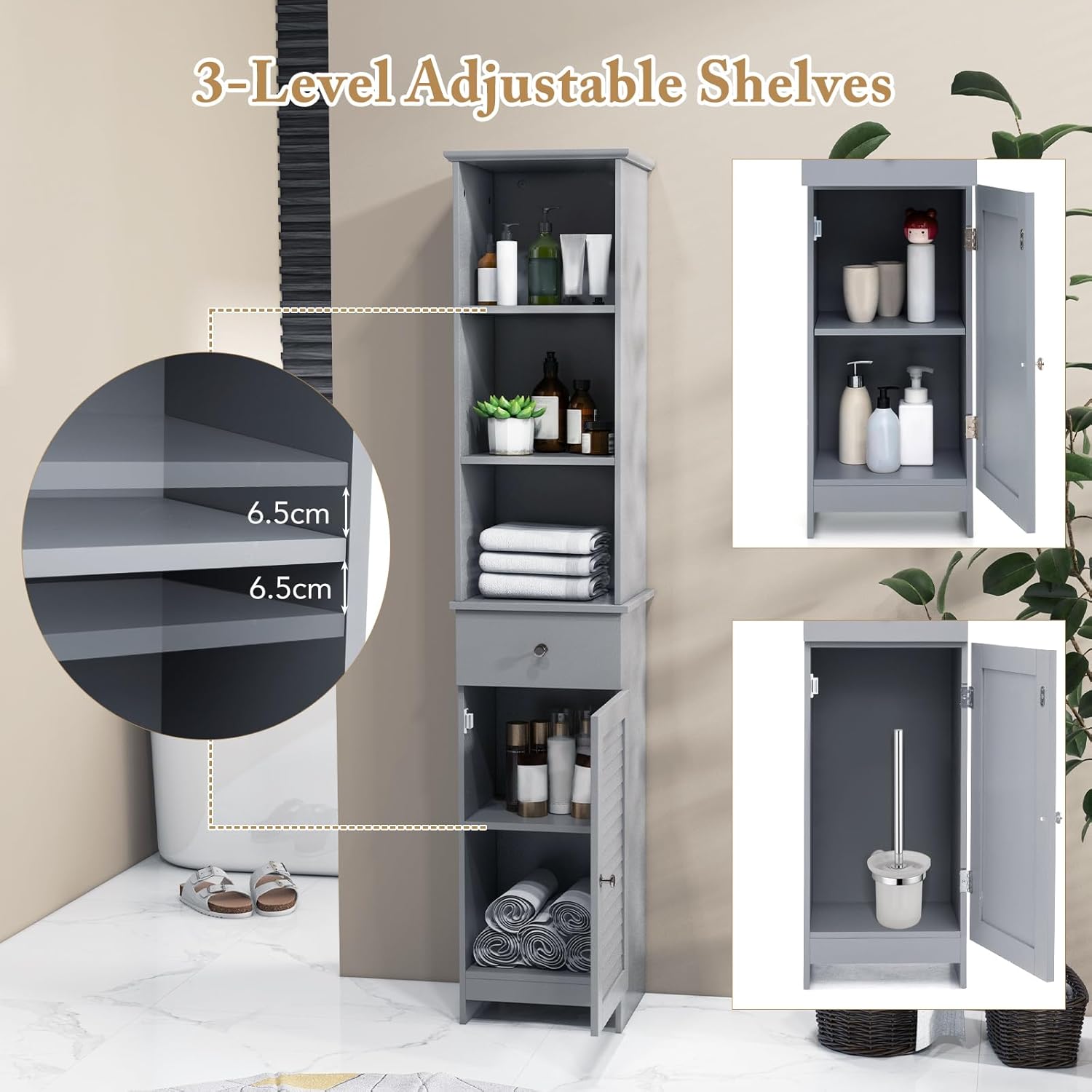 Slim Bathroom Tall Cabinet Drawer Door Shelf Unit Grey