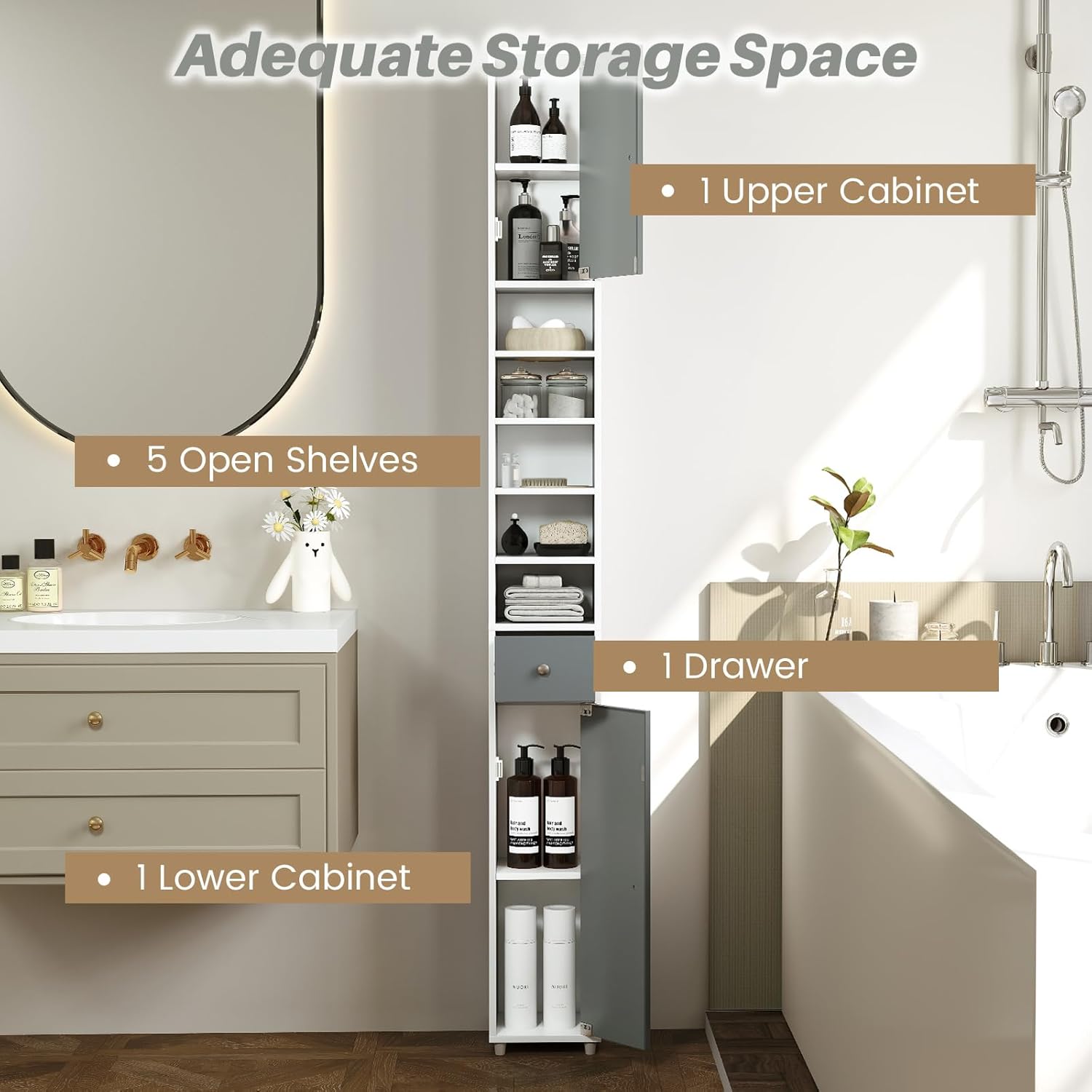 Tall Slim Bathroom Storage Cabinet Drawer Shelves Grey White