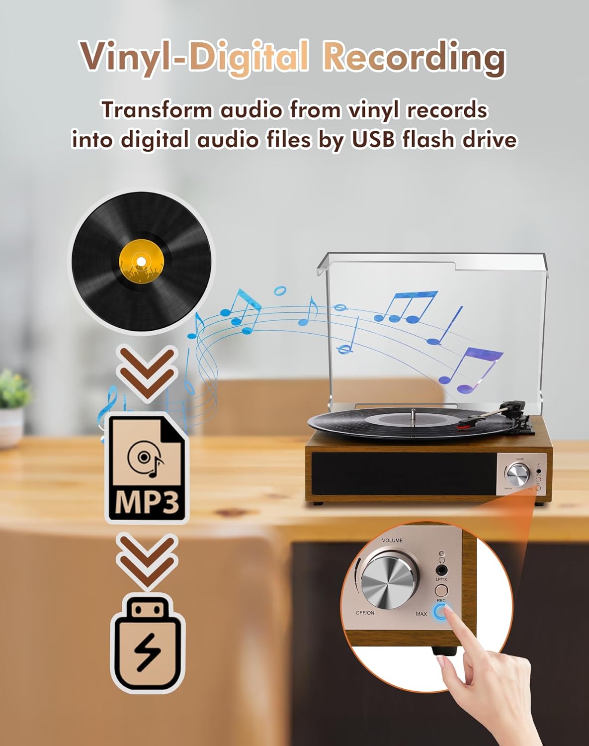 Bluetooth Vinyl Record Player 3 Speed USB Recording