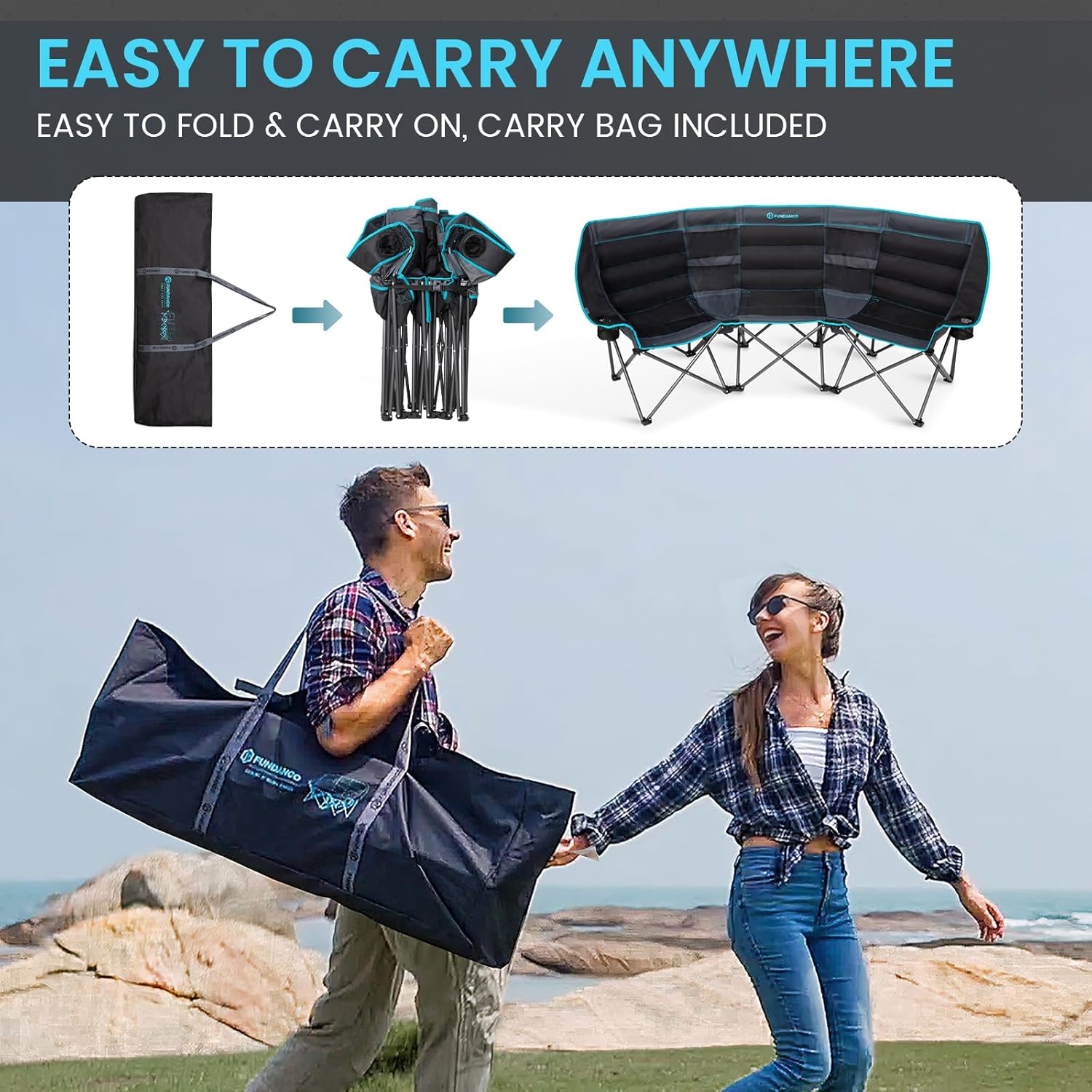 Extra Wide 3 Seater Camping Sofa Foldable Black