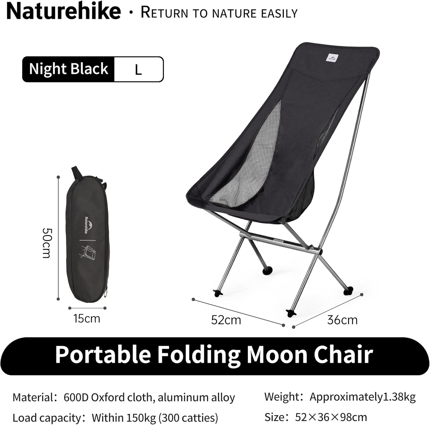 High Back Ultralight Camping Chair 150KG Black