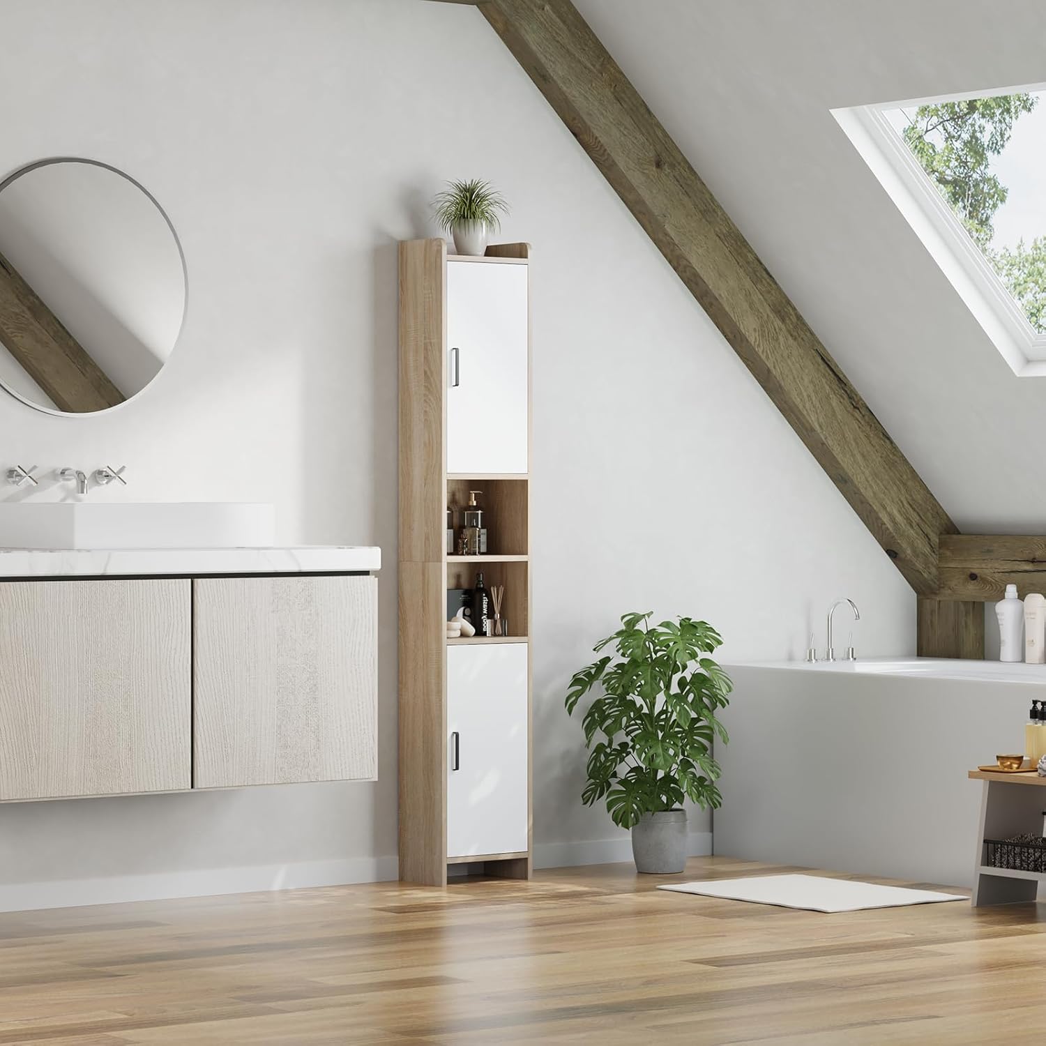 Tall Slim Storage Cabinet White Walnut Shelves Door Unit