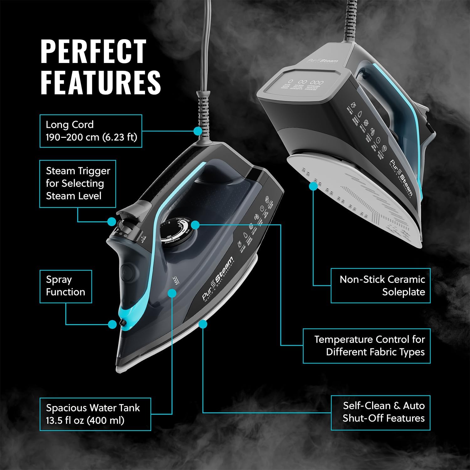 Powerful Steam Iron Ceramic Soleplate Burst Steam Self Clean Anti Drip