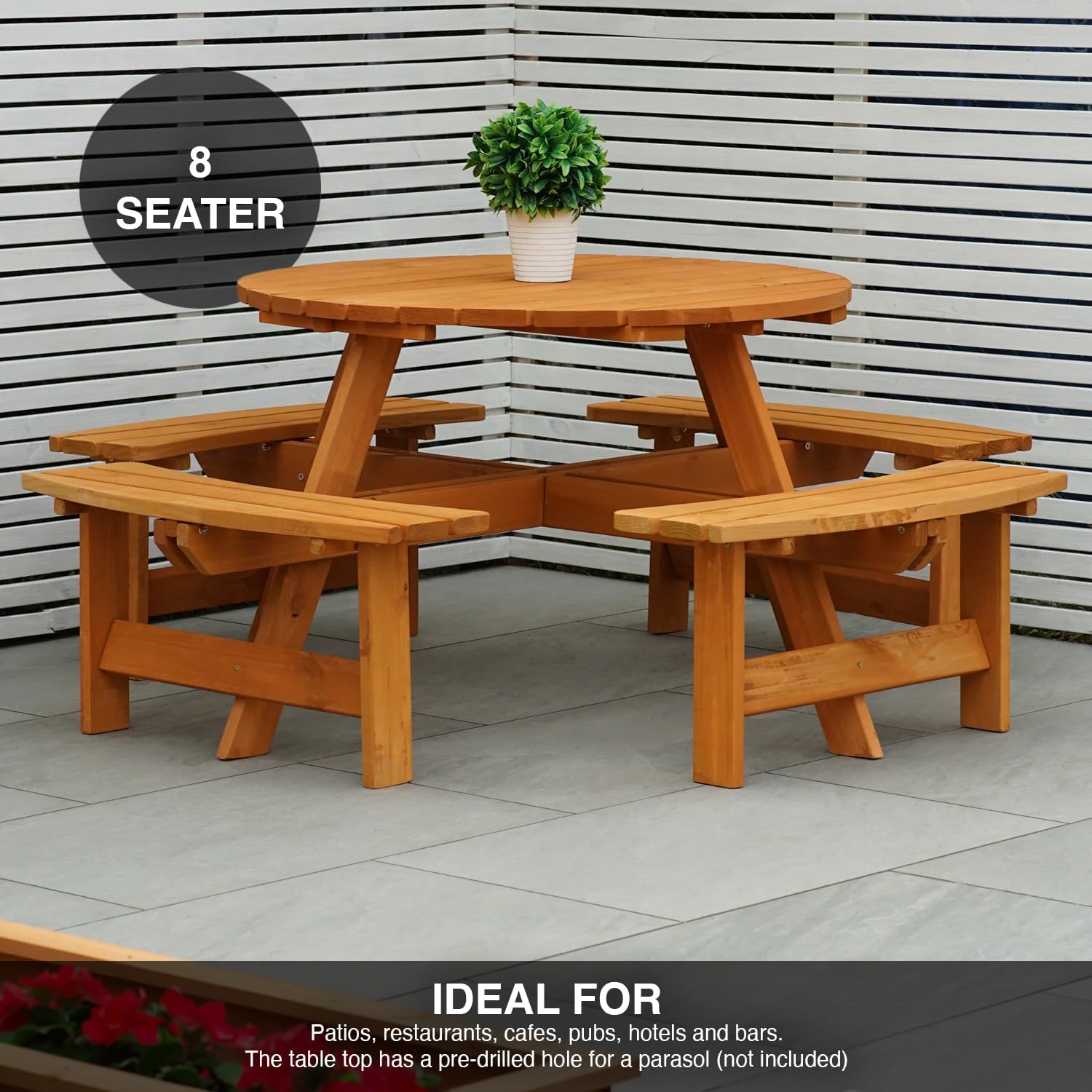 8 Seater Round Wooden Picnic Table with Benches Parasol Hole