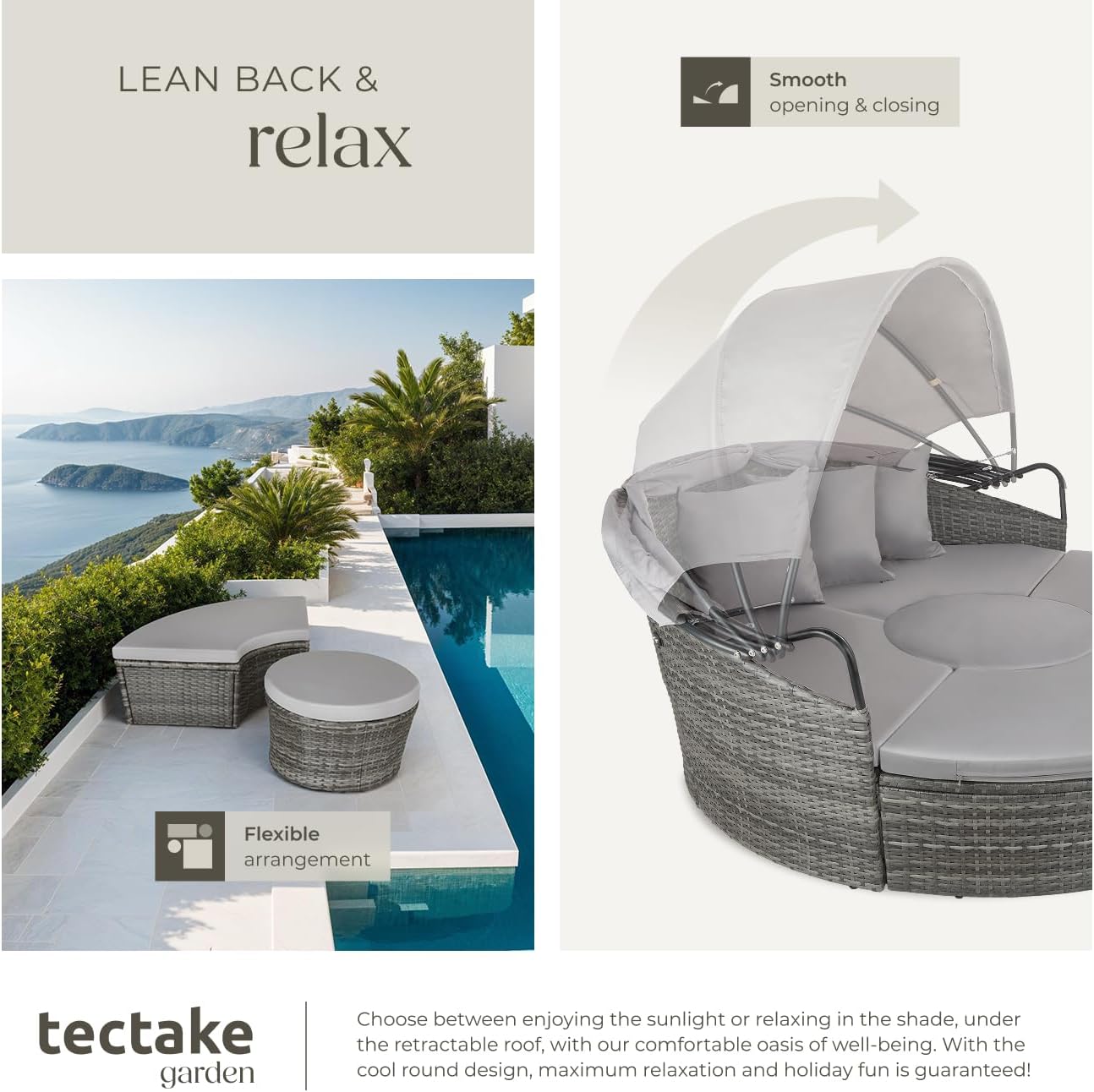 5 Piece Rattan Garden Daybed Set with Canopy Grey