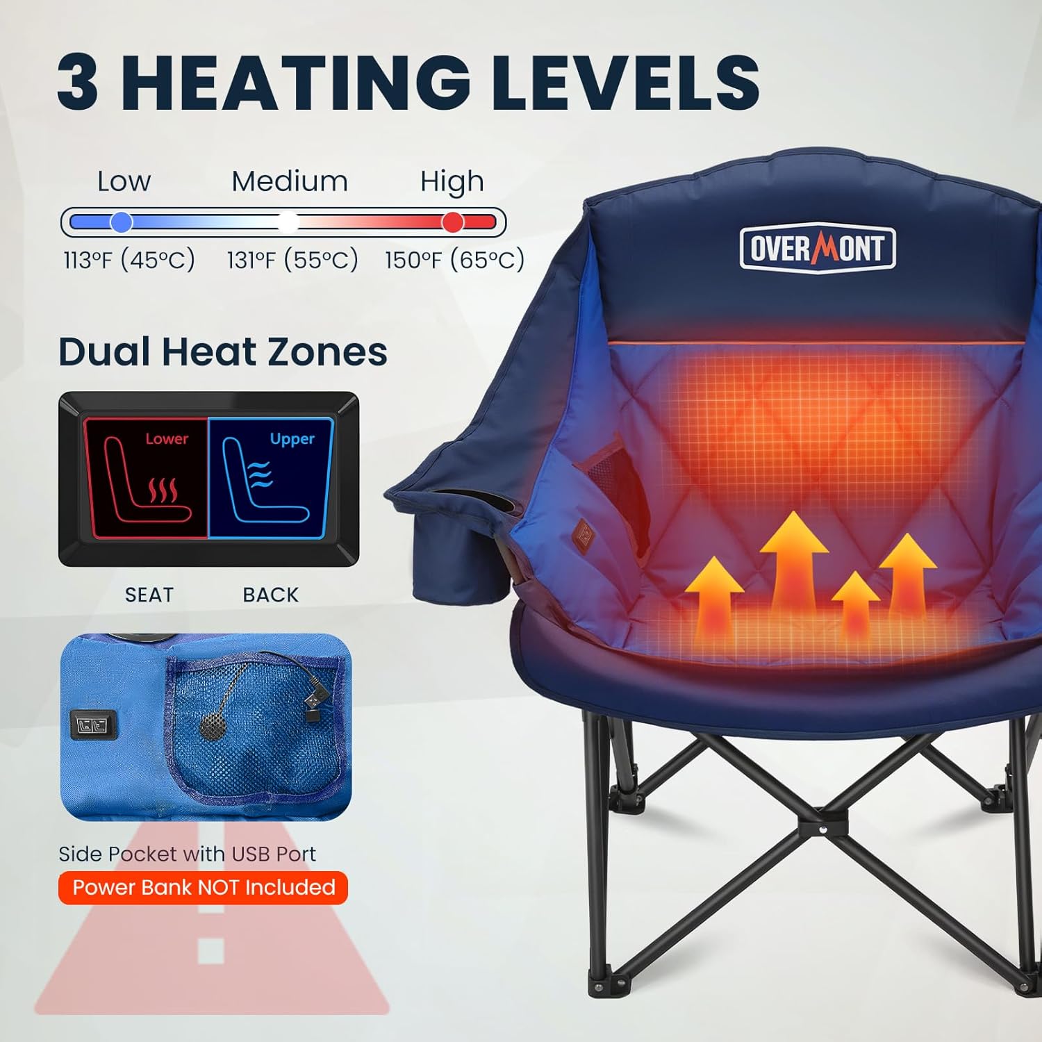 Heated XL Camping Chair 400lb Oversized Padded Blue