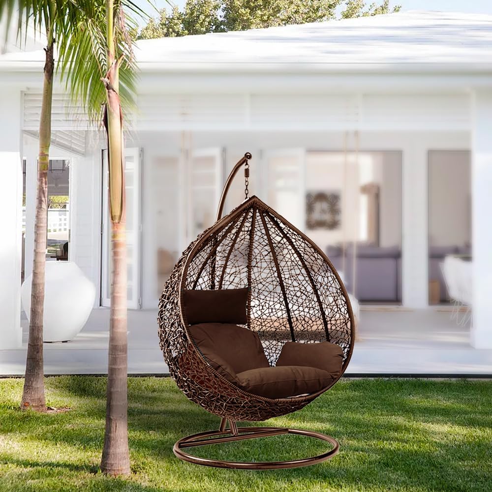 Brown Rattan Egg Swing Chair with Stand Cushion