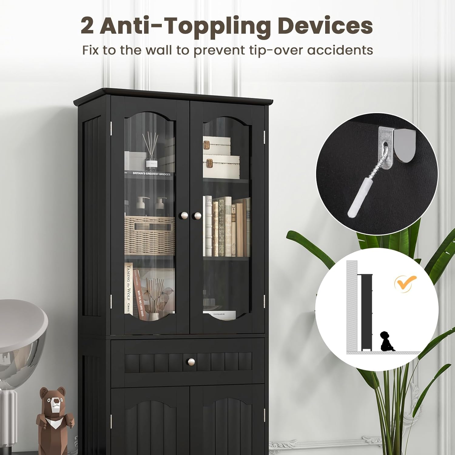 Tall Bathroom Cabinet Glass Door Drawer Shelf Unit Black
