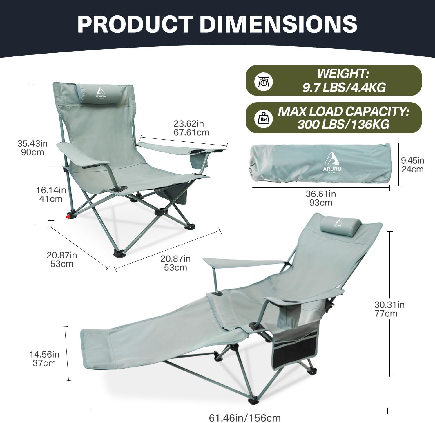 Reclining Beach Camping Chair with Footrest 300lb