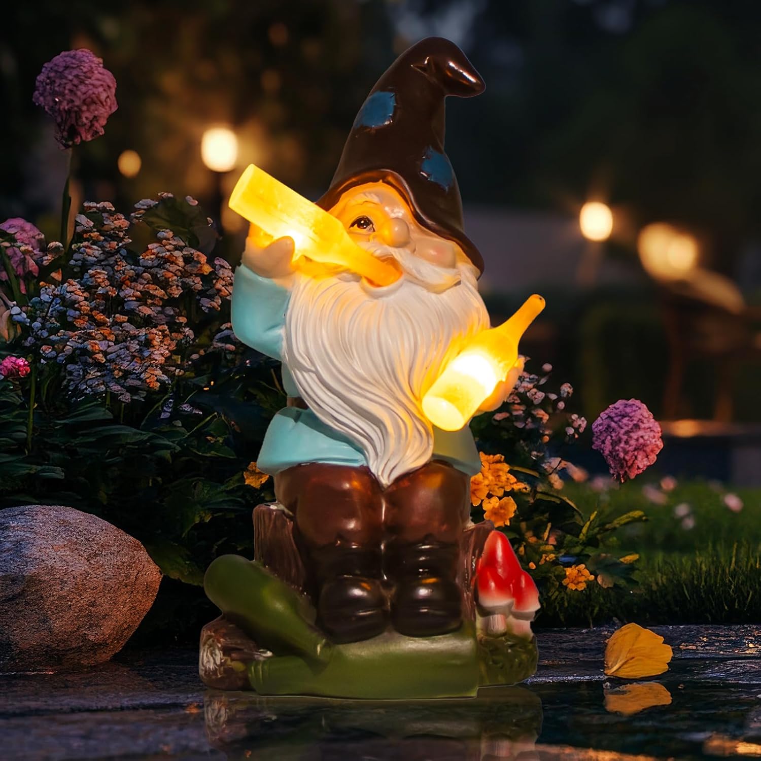 Solar Drunk Gnome Statue Bottle Light Garden Decor Outdoor 26cm