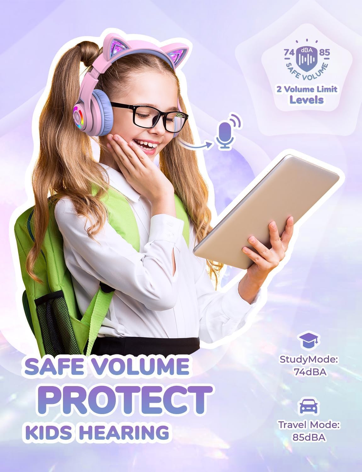 Kids Bluetooth Cat Ear Headphones LED Lights Safe Volume 50 Hour