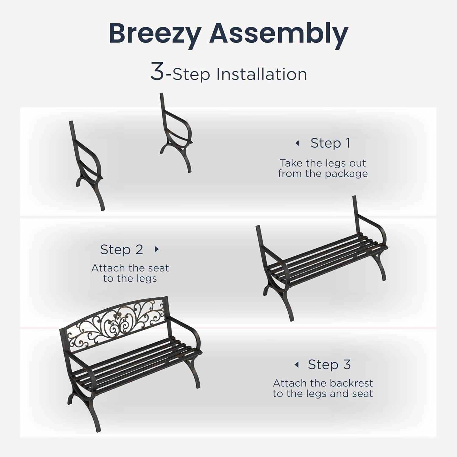 Bronze Metal Garden Bench 2–3 Seater Floral Backrest Patio Seat