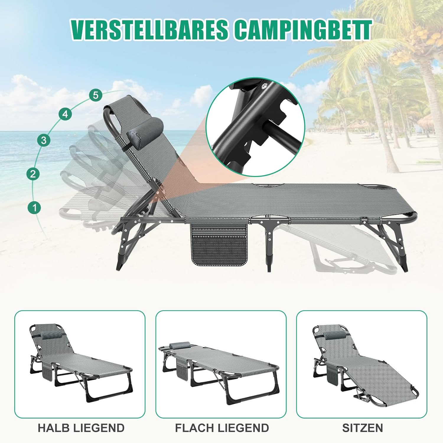 Folding Sun Lounger Guest Bed 5 Position 200kg Light Grey