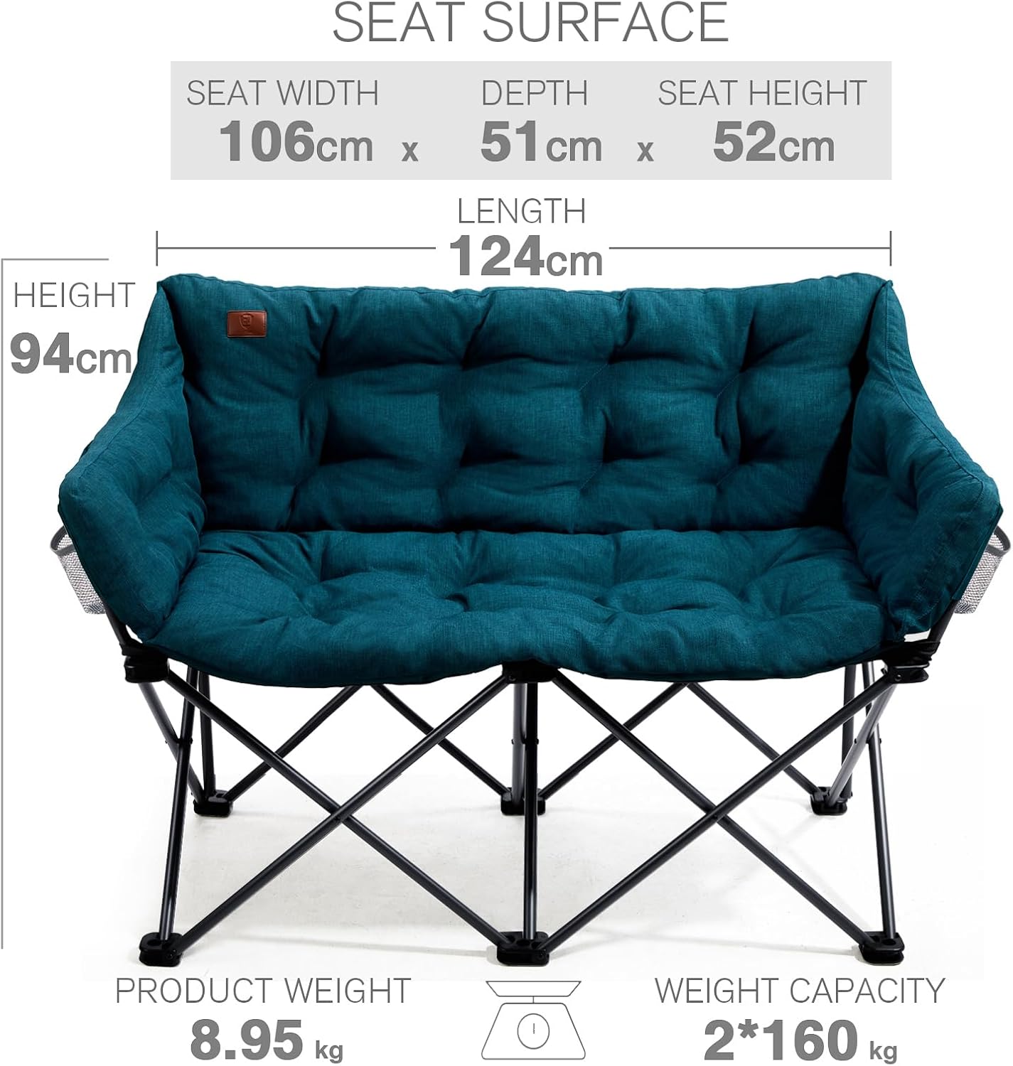 Double Folding Camping Sofa Chair 320kg Padded Green