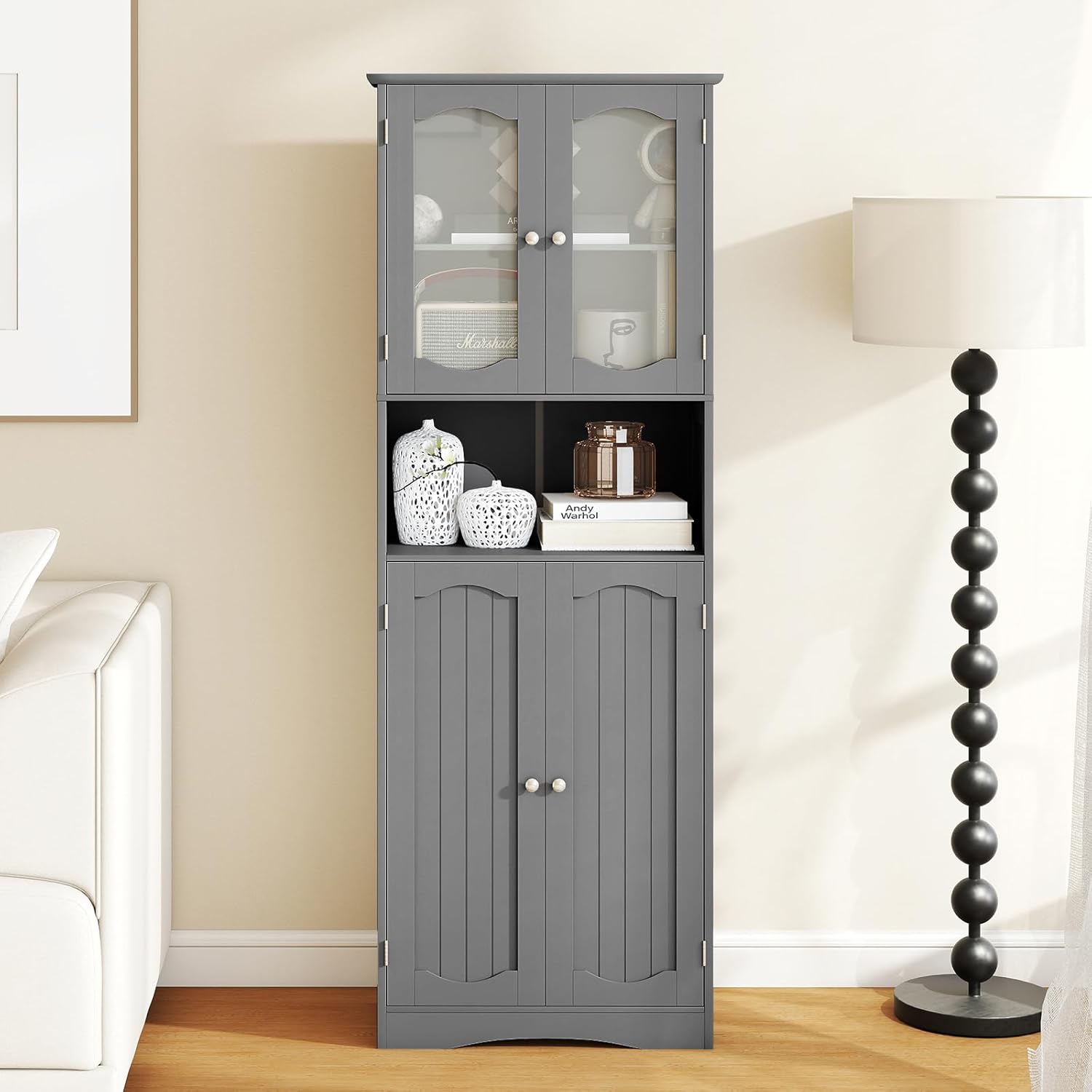 Tall Bathroom Storage Cabinet Glass Door Shelf Unit Grey