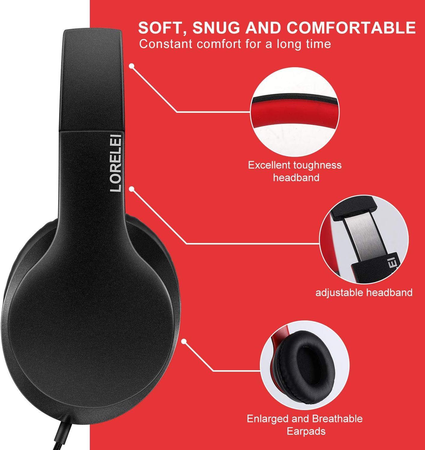 Wired Over Ear Headphones With Mic Stereo Bass 3.5mm Black Red