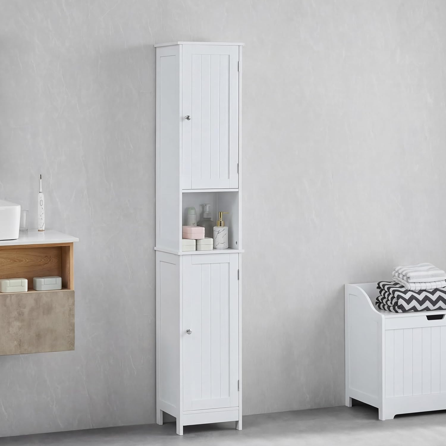 Tall Bathroom Cabinet White 2 Door Shelf Storage Unit