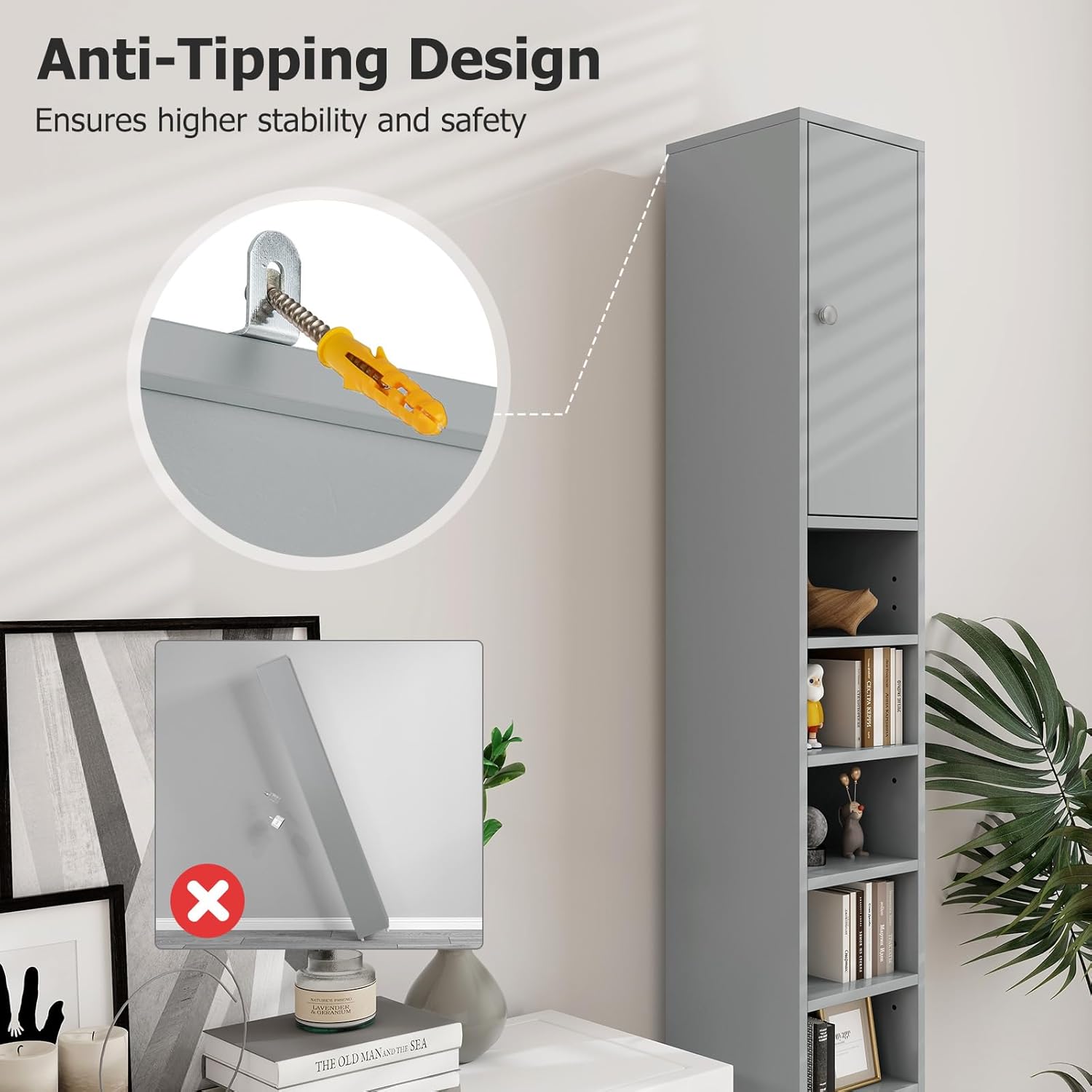 Tall Slim Bathroom Storage Cabinet Drawer Adjustable Shelves Grey