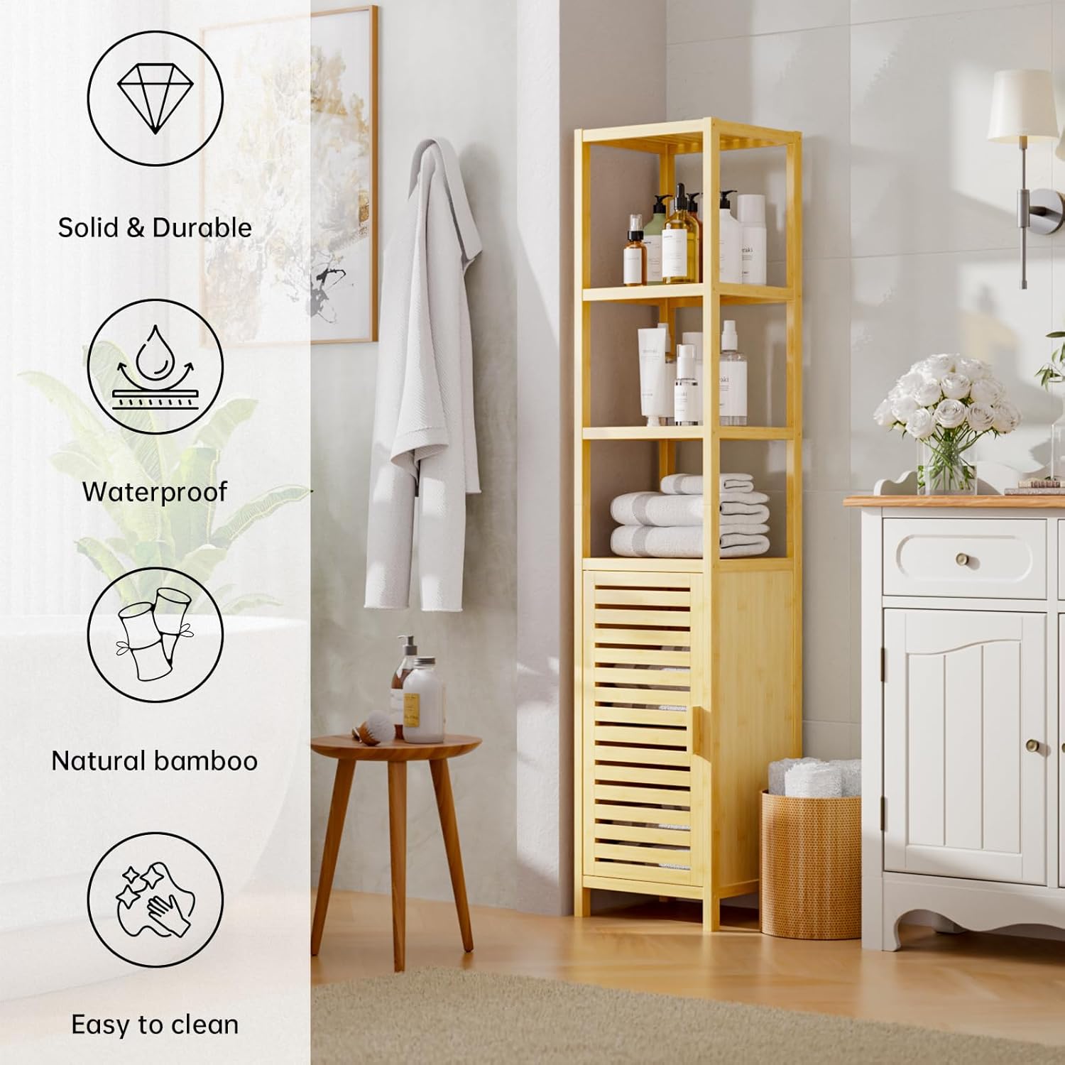 Bamboo Tall Storage Cabinet Natural Shelf Door Unit