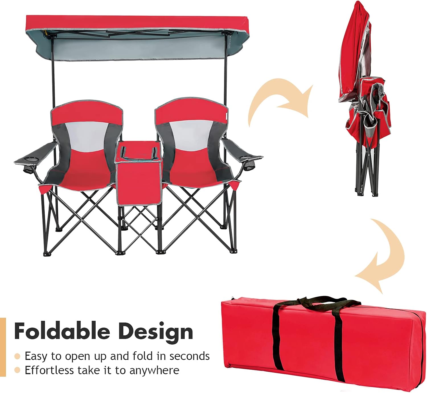 Red Double Camping Chair with Canopy 2 Seater