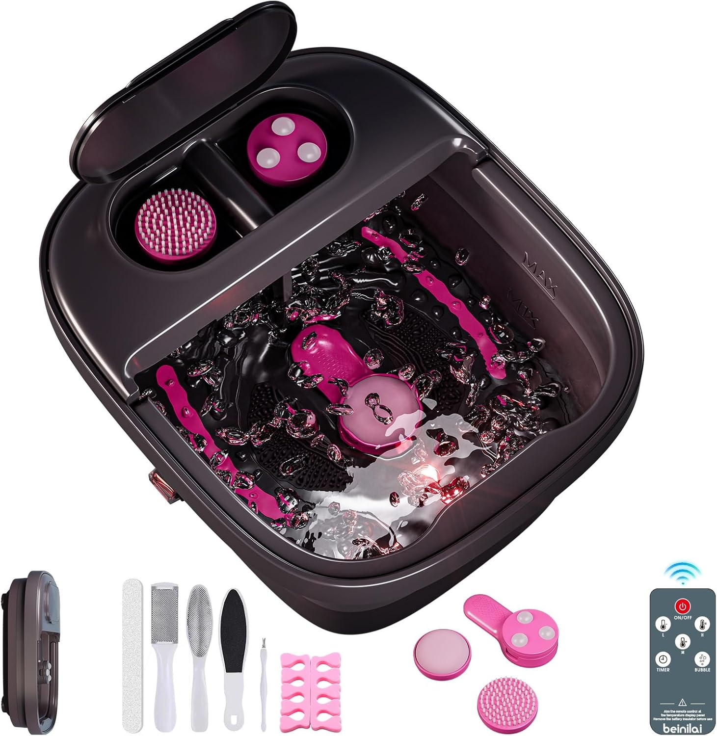Collapsible Foot Spa Massager Remote Heat Bubble Pedicure Bath