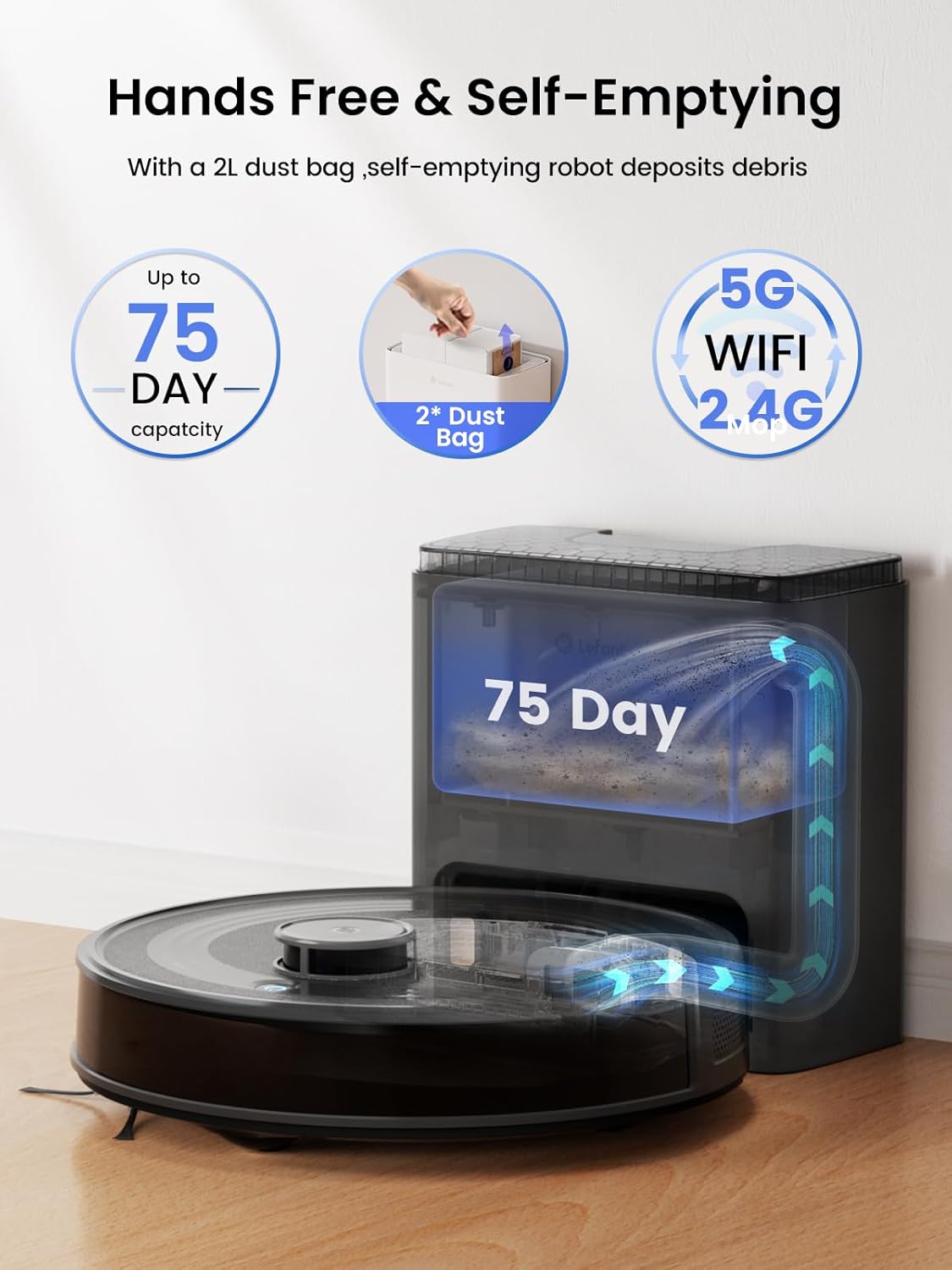 Robot Vacuum Mop Self Empty 6000Pa LiDAR Mapping WiFi 75 Day Auto