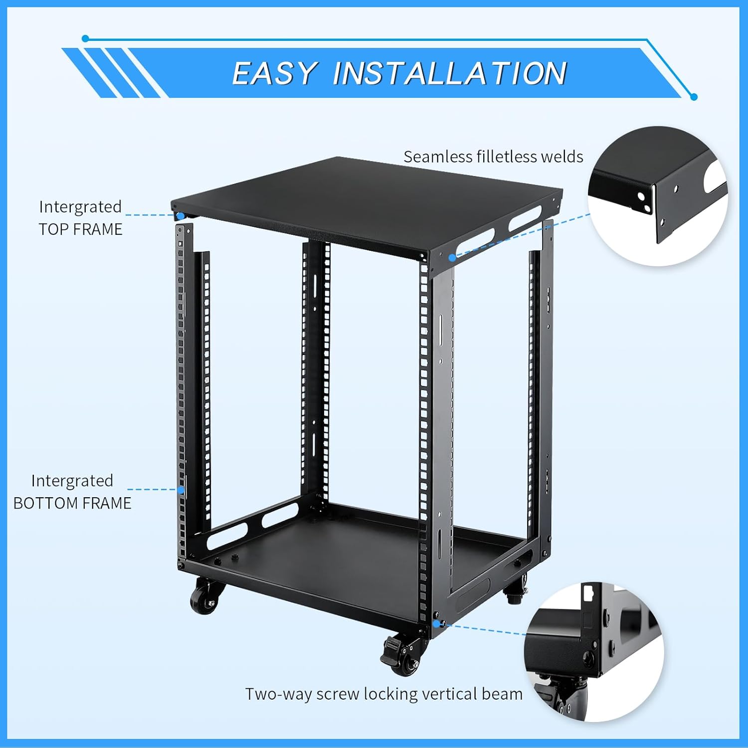 12U Open Frame Server Rack with Wheels 4 Post Mobile Stand