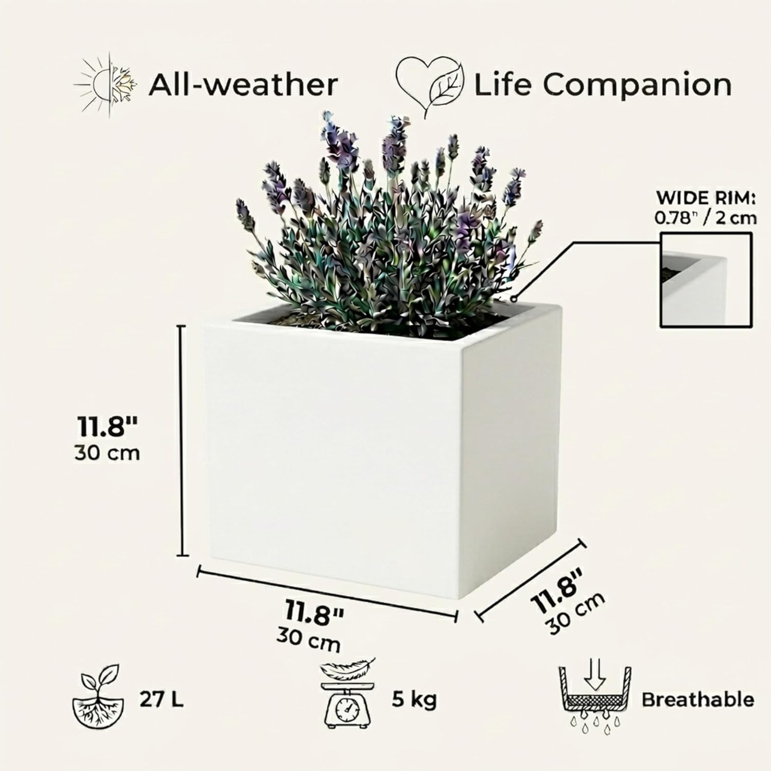 30cm White Square Planter Stone Effect Garden Pot Drainage