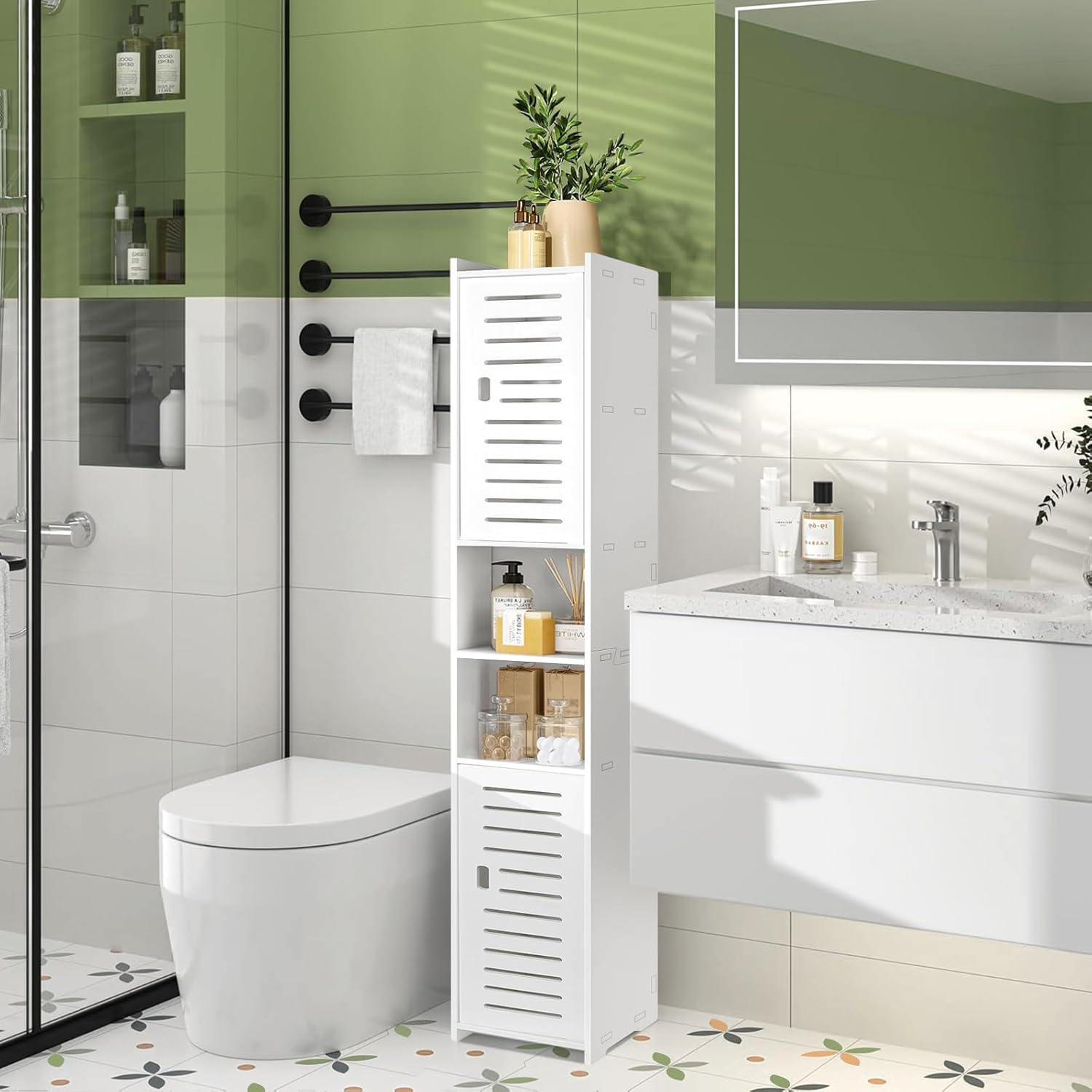 Tall Slim Bathroom Storage Cabinet 5 Tier Free Standing Shelf White