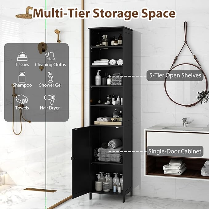 Tall Bathroom Storage Cabinet Black Adjustable Shelf Unit