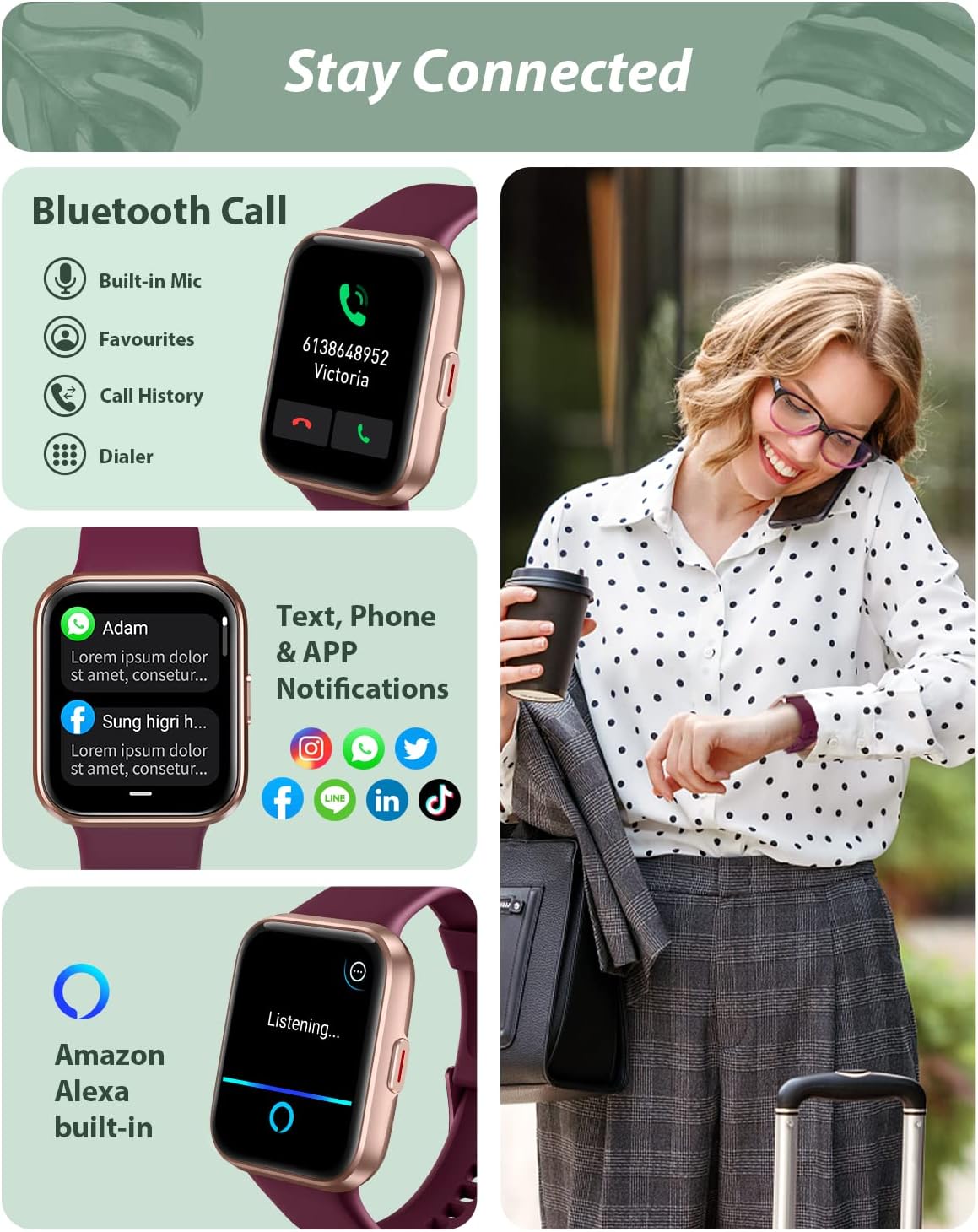 Ladies Smart Fitness Watch Bluetooth Call Alexa 120 Sports Waterproof