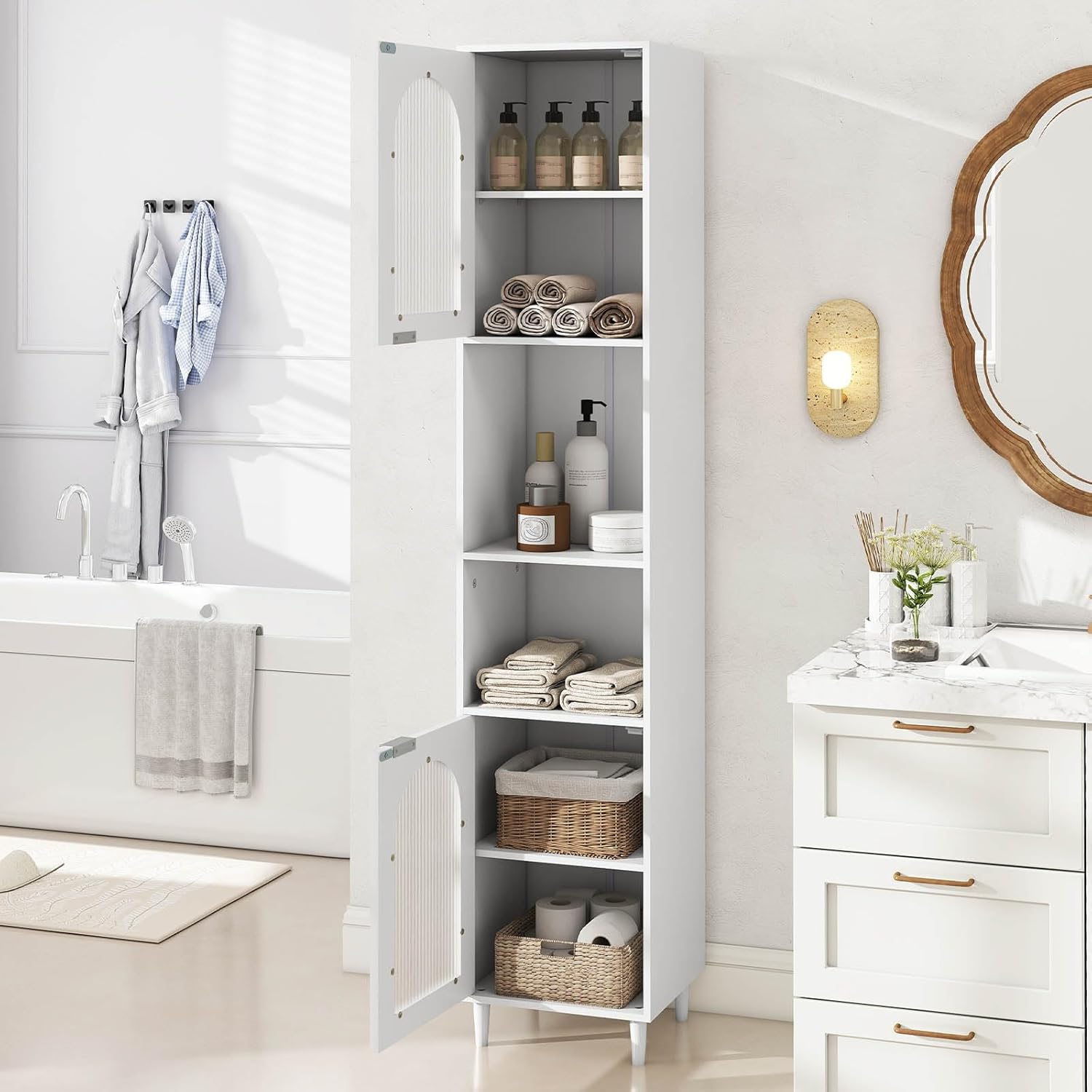 Tall Slim Storage Cabinet White Glass Door Shelves Unit