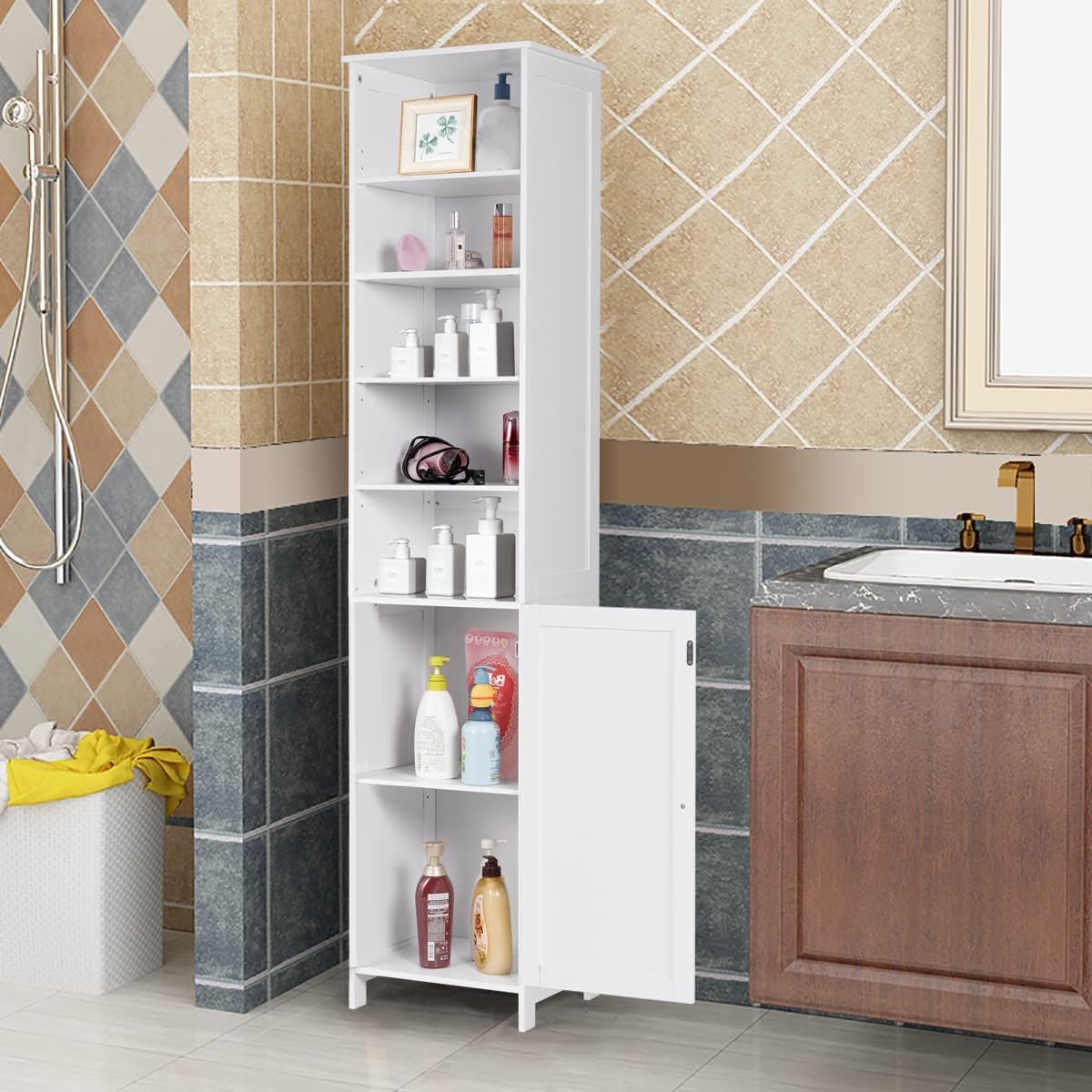 Tall Bathroom Storage Cabinet White Adjustable Shelf Unit