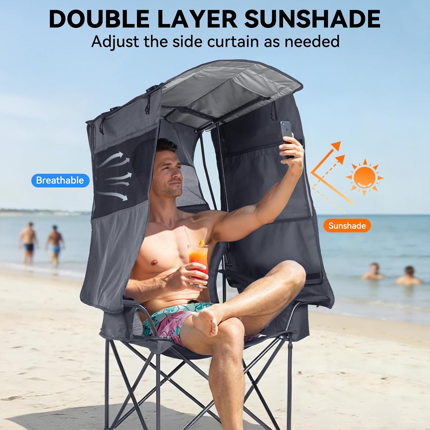 Camping Chair with UPF 50 Plus Canopy Shade Grey