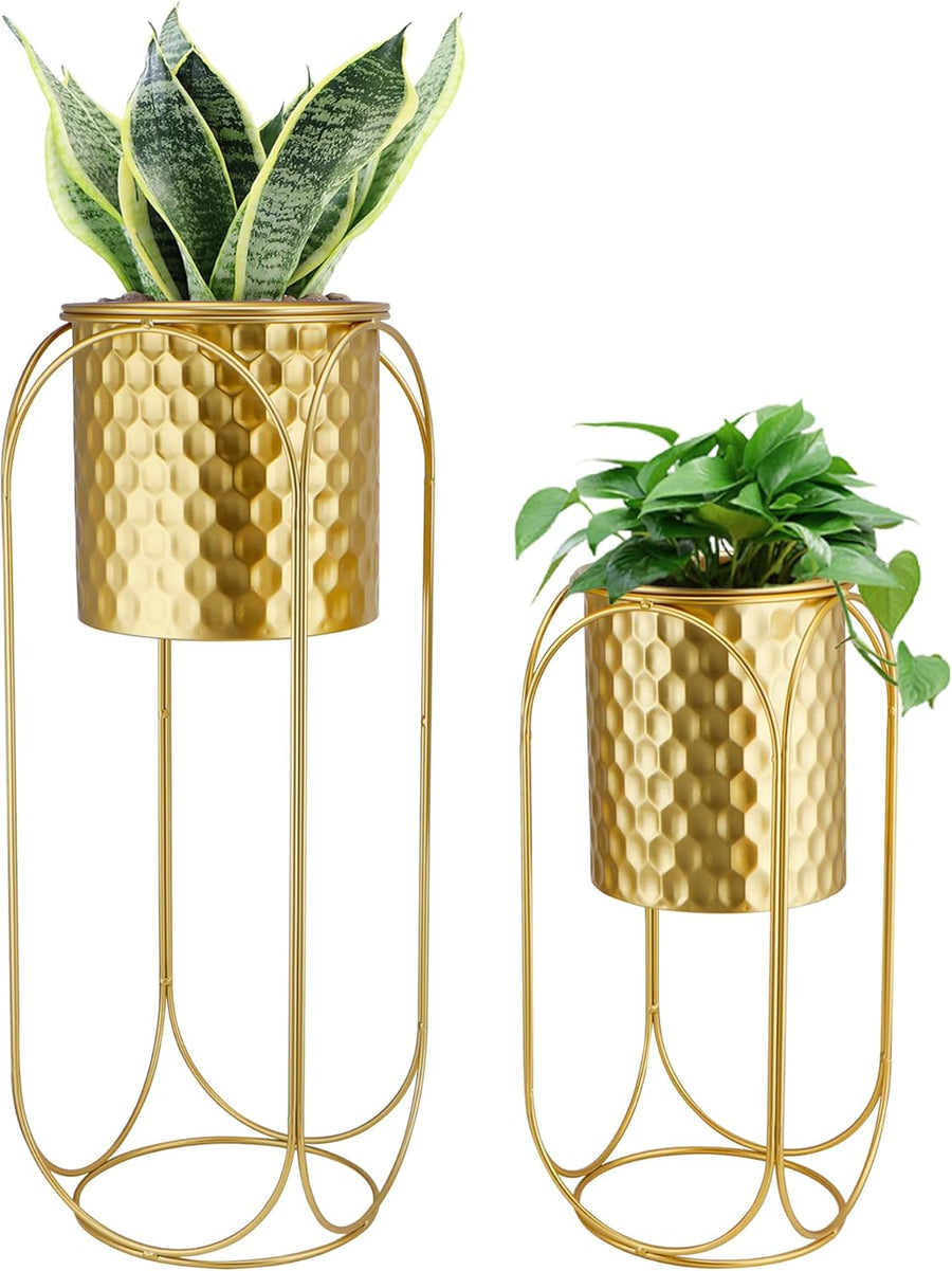 Gold Honeycomb Planters with Stand Set of 2 Tall Pots 65cm