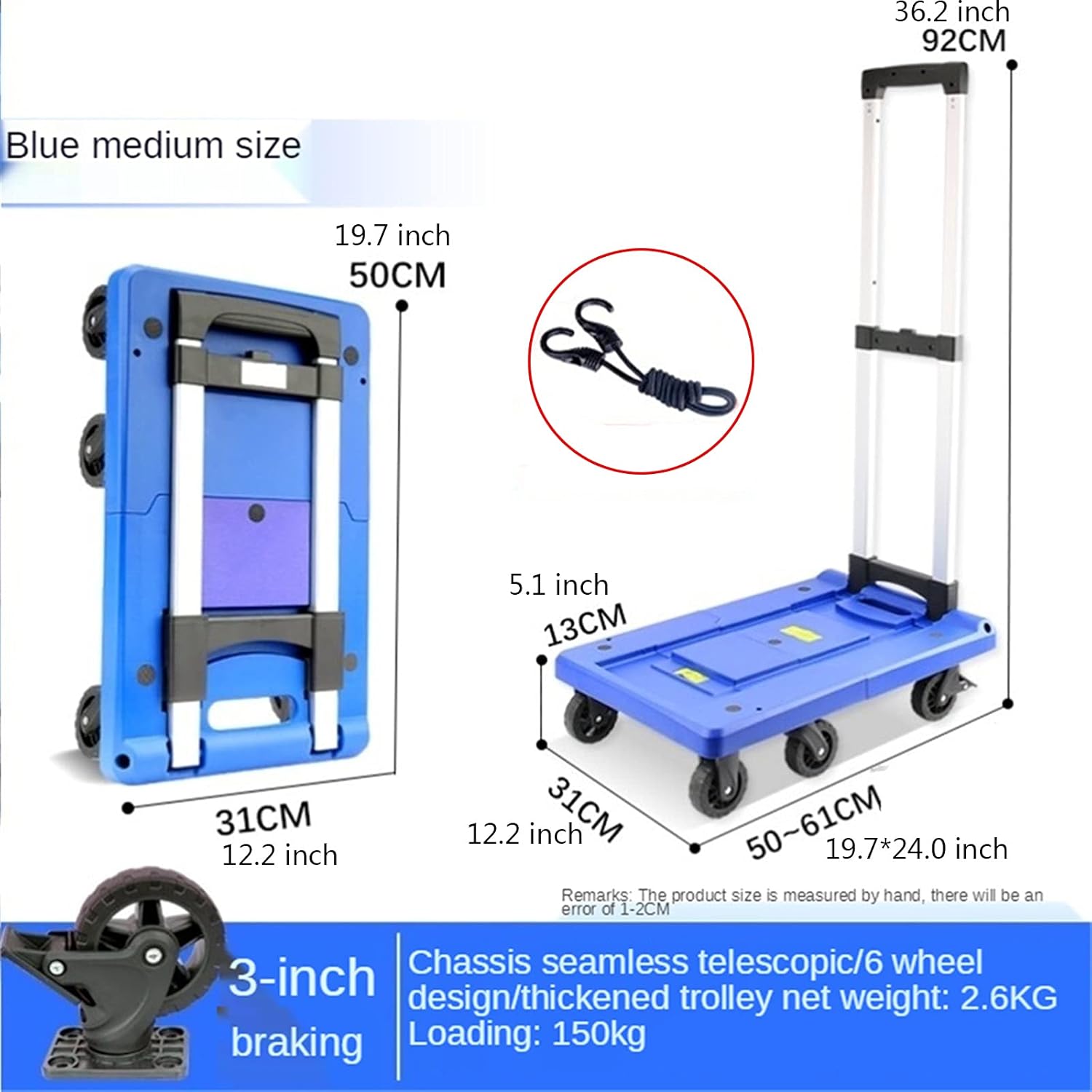 Portable Folding Flatbed Hand Cart 6 Wheel Retractable Trolley