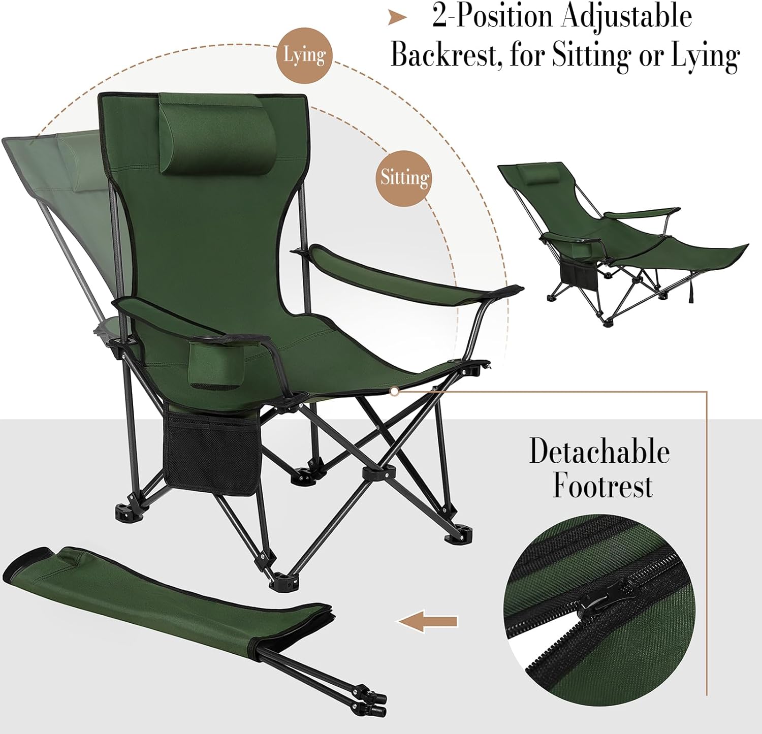 Reclining Camping Chair with Footrest Folding Outdoor Seat Green