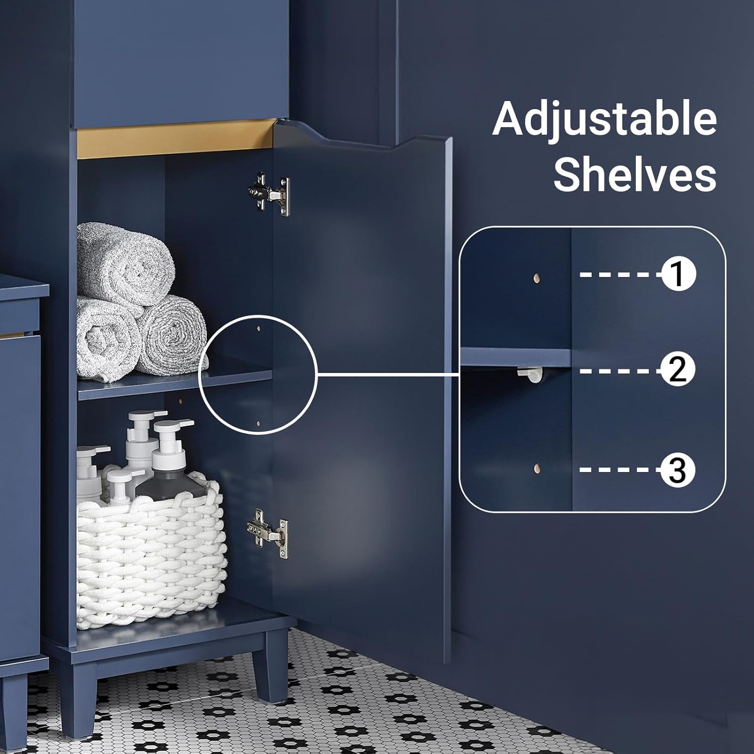 Navy Blue Tall Slim Bathroom Cabinet Shelves Drawer Unit