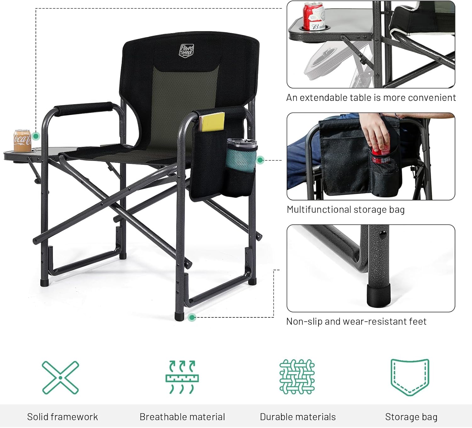 Directors Camping Chairs 2 Pack 180kg Side Table Black