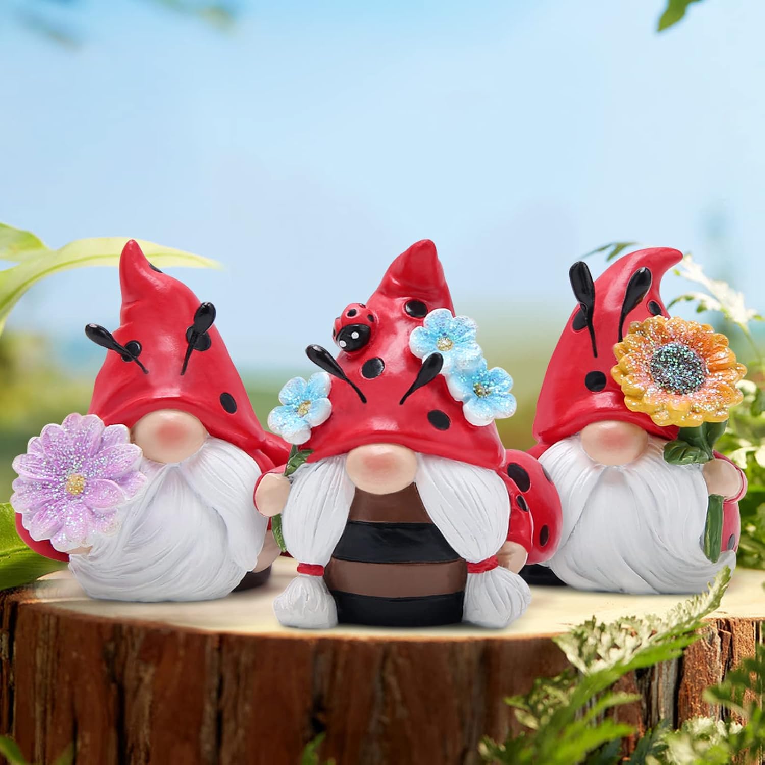 3PCS Ladybird Garden Gnome Set Resin Outdoor Ornaments Flower Decor