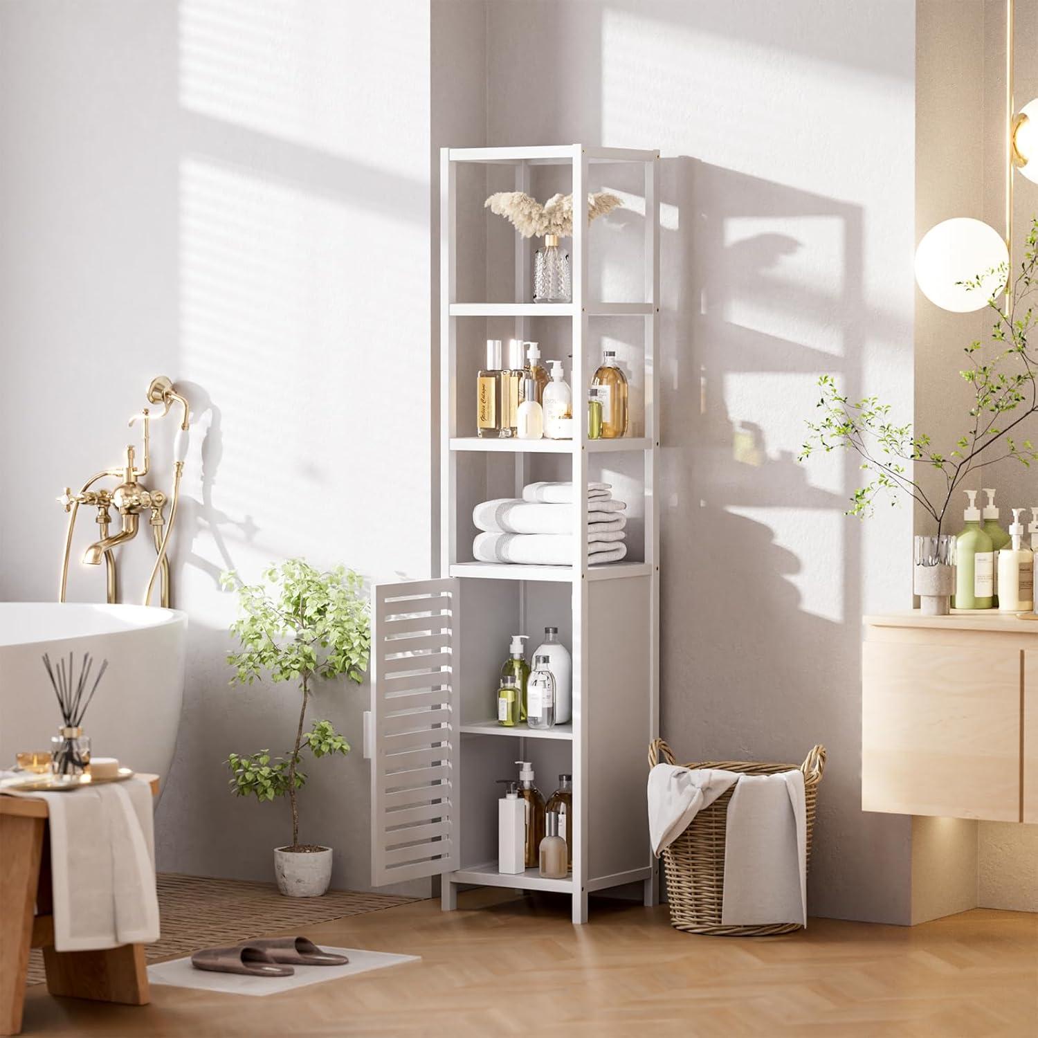 Bamboo Tall Storage Cabinet White Shelf Shutter Door Unit