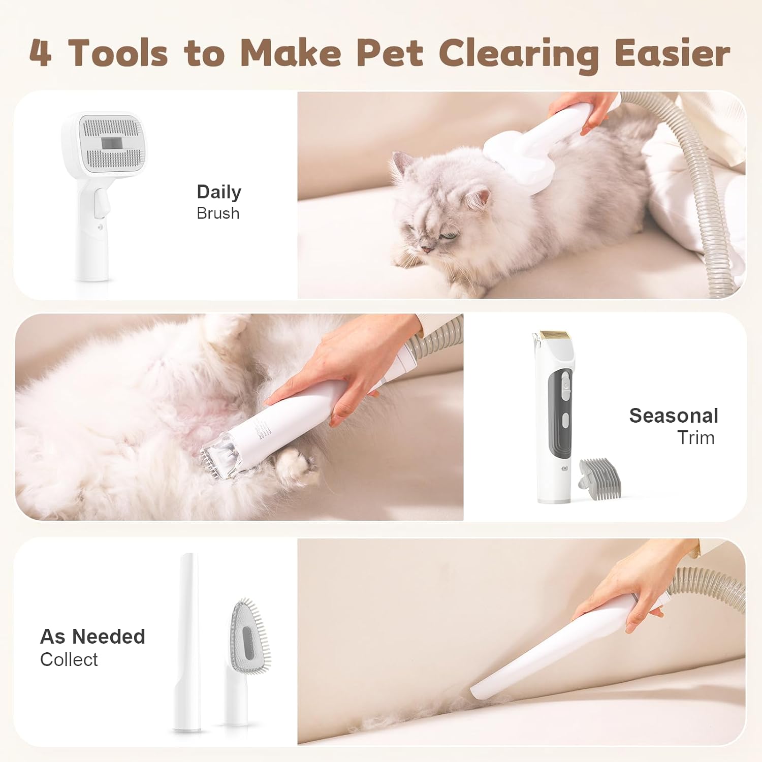 Dog Grooming Vacuum Kit 12KPa 2L Low Noise 5 Tool White