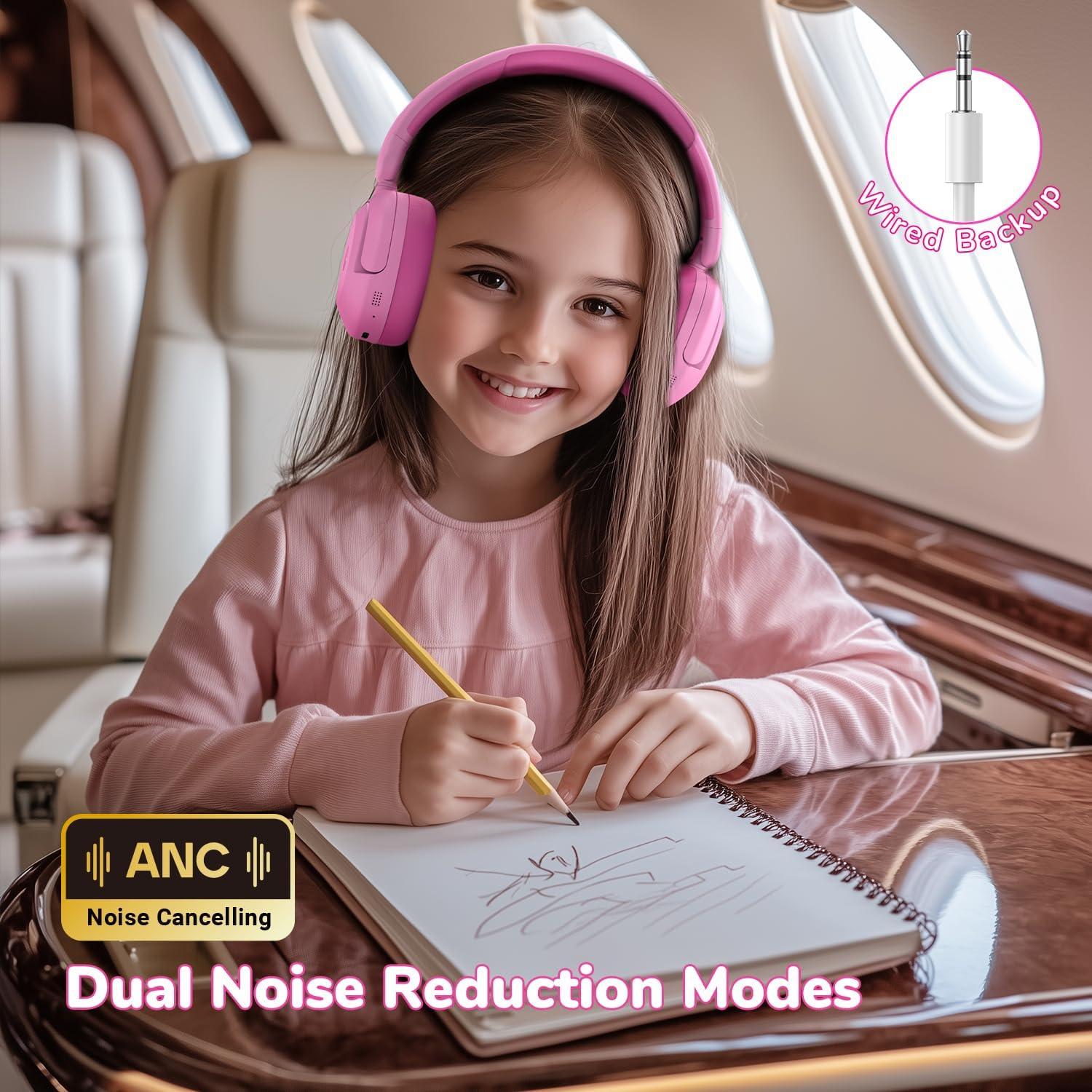 Kids Bluetooth ANC Headphones Safe Volume 60 Hour Battery Pink