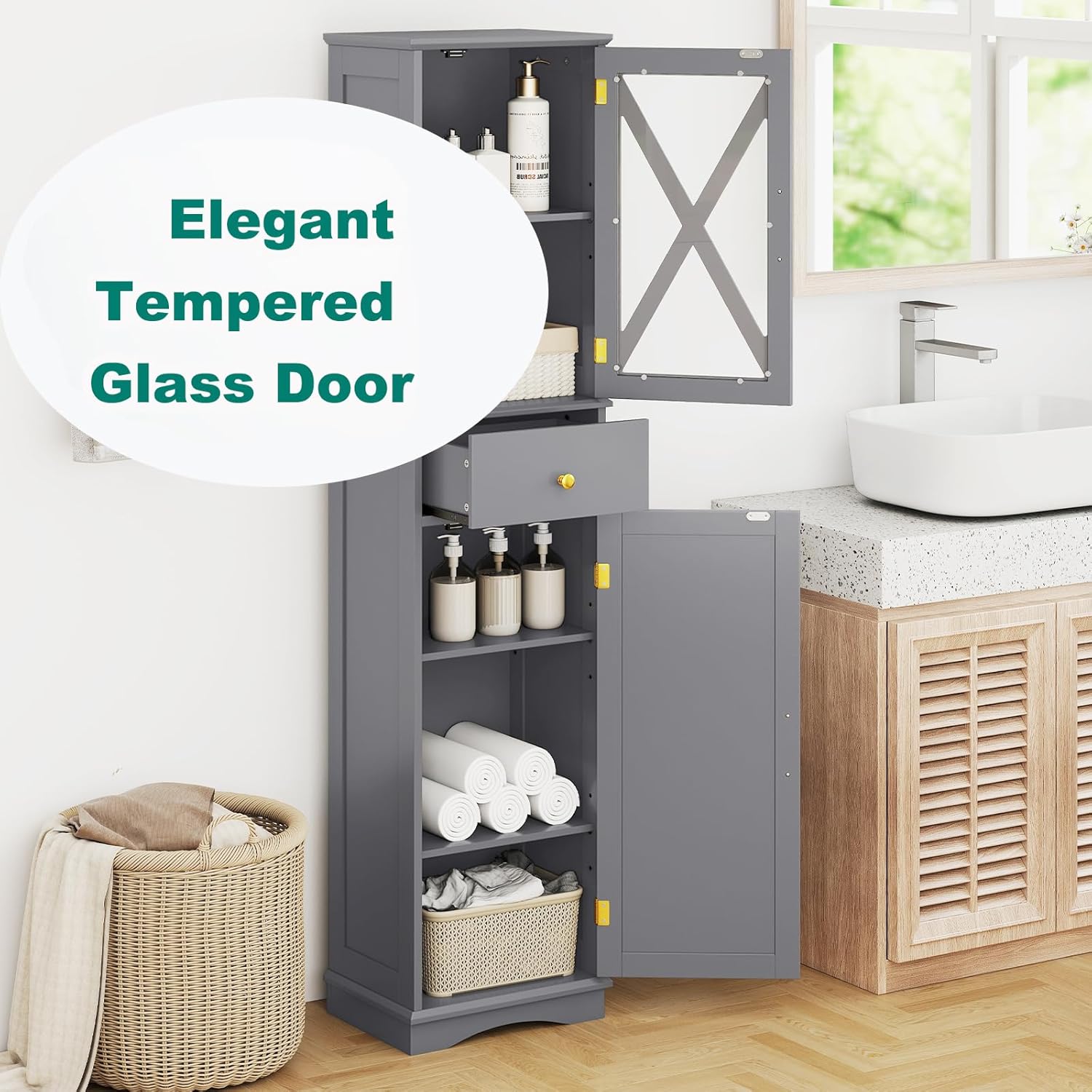 Tall Slim Storage Cabinet Grey Glass Door Drawer Unit