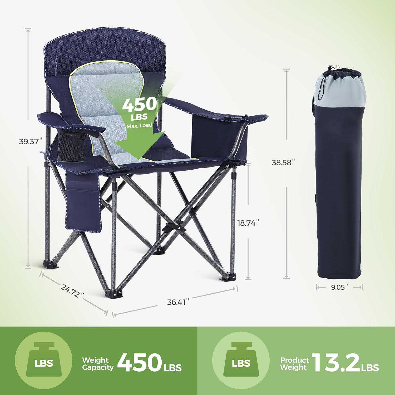 XXL Heavy Duty Folding Camping Chair 200kg Cooler Blue
